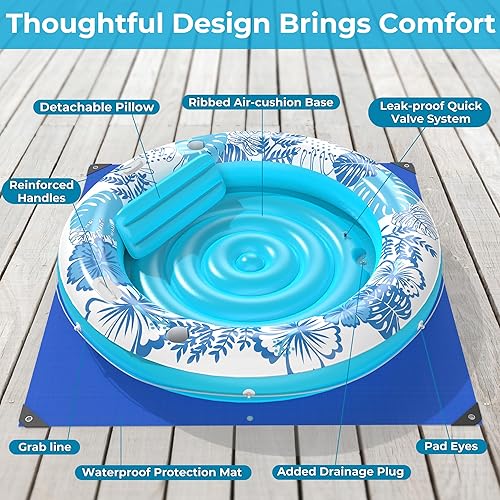 Miniatura 7 de Inflatable Tanning Pool Lounger Float with Protection Tarp, 75" x 75" Pool Floats Adult with Pillow, 6 in 1 Suntan Tub Raft Floatie, Sunbathing