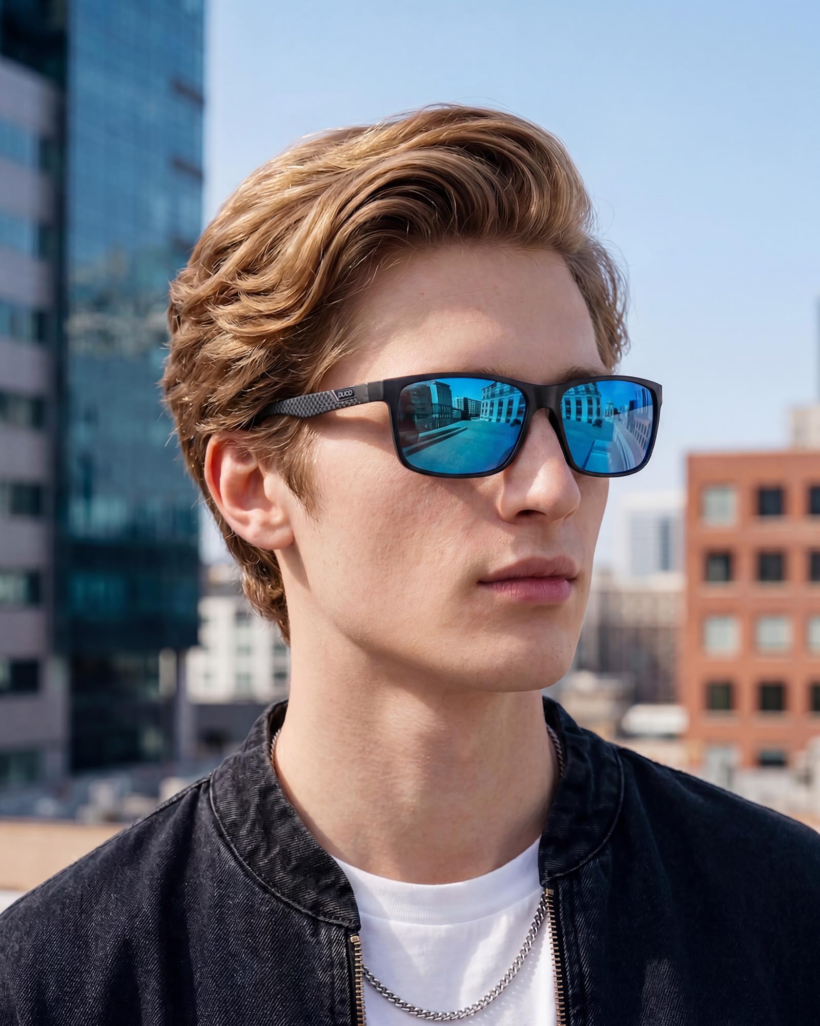 DUCO Rechteckig Herren Polarisiert Sonnenbrille mit Kohlefaser Brillenbeine | UV400 Glasses, Klassische Metallrahmen, Verstellbar Nasenpads, Nicht Drücken, Geschenk für Valentinstag Thanksgiving DC8206