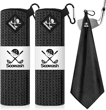 Magnetic Golf Towel 2-Pack, 18x18 Inch Microfiber Waffle Design with Strong Magnet - Golf Towels for Golf Bags/Carts, Quick-Dry & Ultra AbsorbentBlack