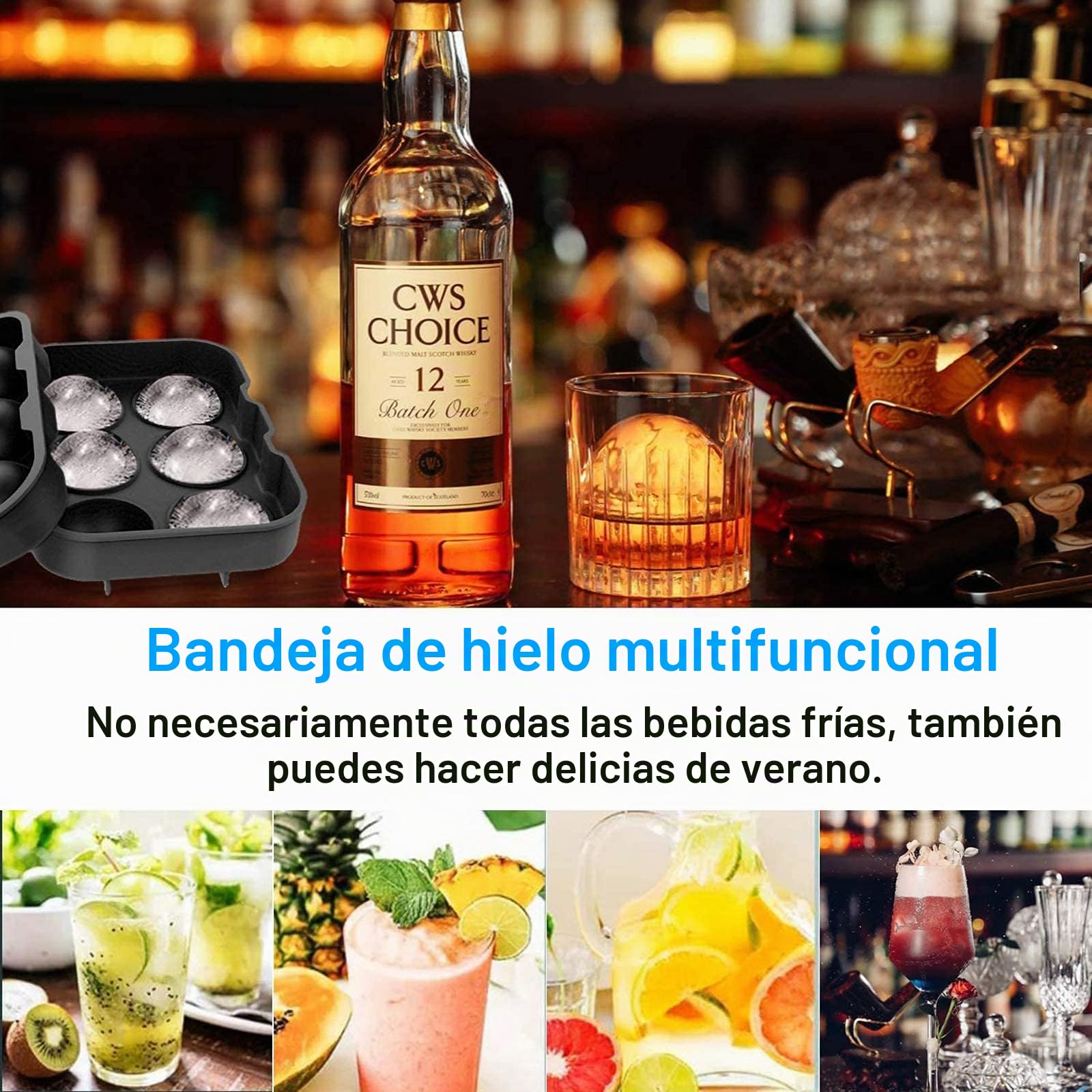 Cubitera Silicona 2 Piezas Molde Hielo Redondo con Embudo Sin BPA Reutilizable para Whisky Cócteles