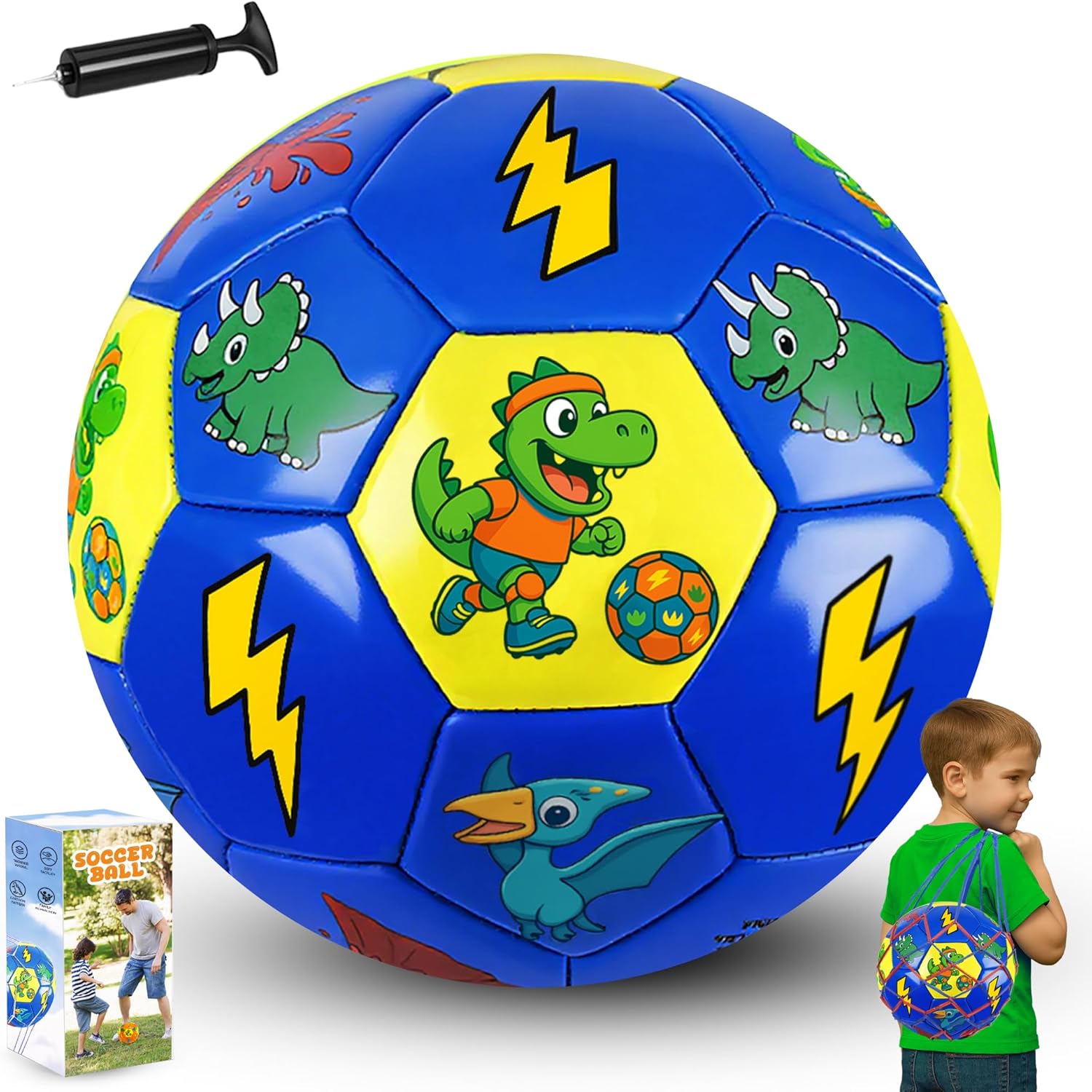Balón de fútbol para niños, tamaño 4, pelota de fútbol de dinosaurio de dibujos animados con bomba y bolsa, pelota de fútbol para niños de 3 a 12