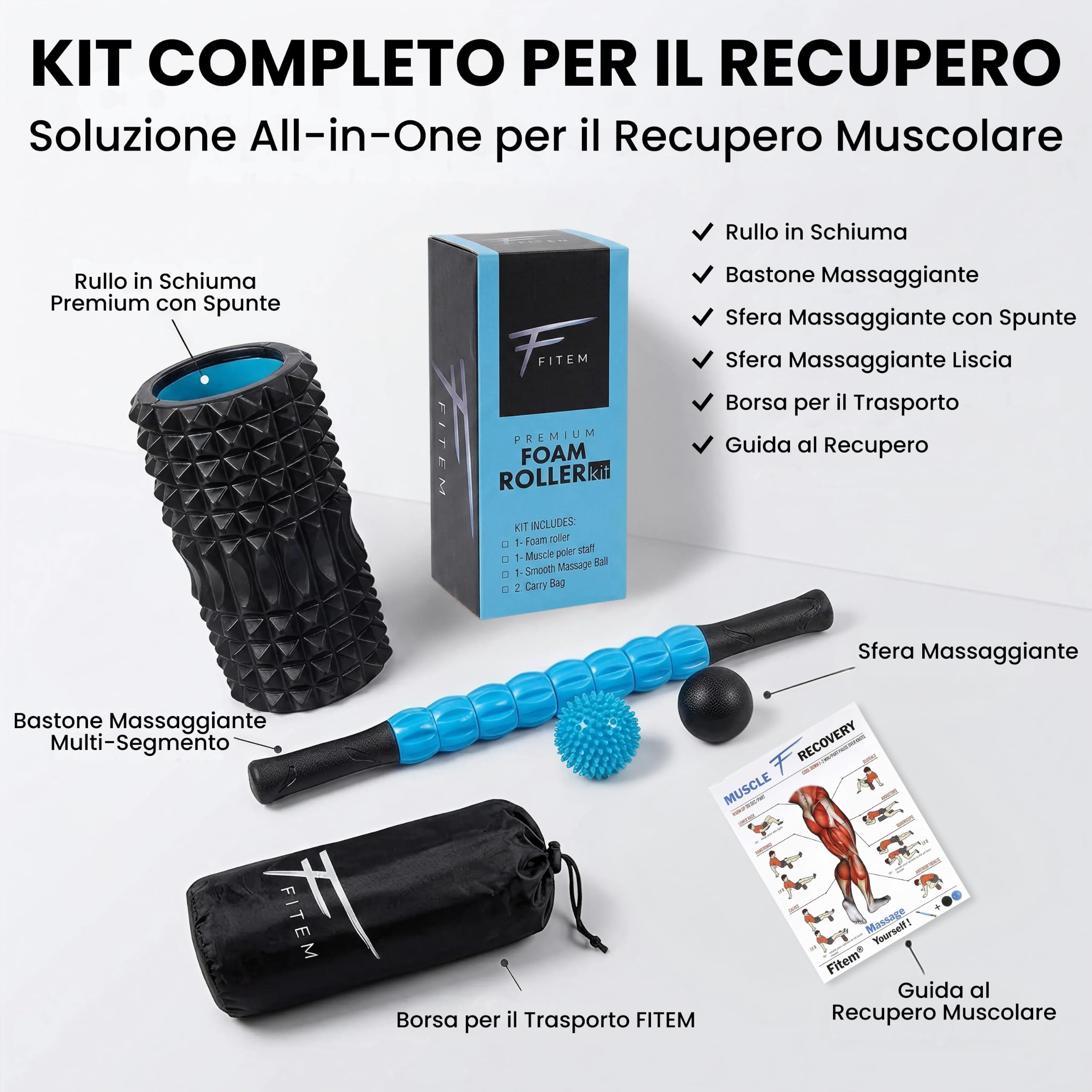 Fitem Set Rullo Massaggio Muscolare Foam Roller 4in1 Nero