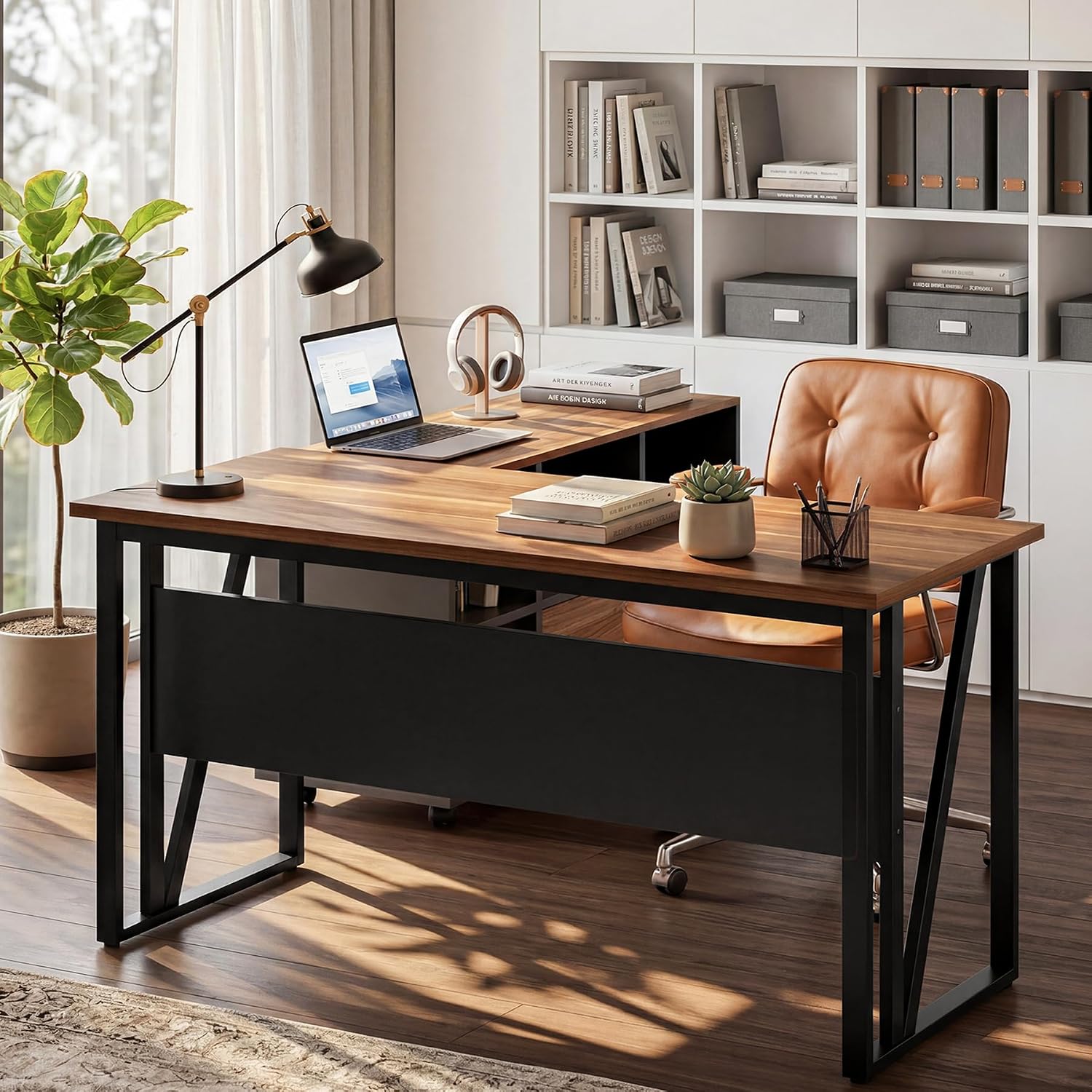 Tribesigns 55-Inch Executive Desk with 43" Mobile File Cabinet, L-Shaped Computer Desk with Drawers & Shelves, Large Industrial Home Office Desk Set with Storage, Brown & Black