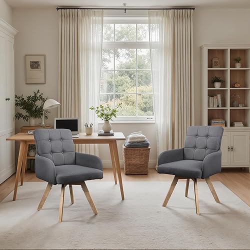 Miniatura 6 de Art Leon Juego de 2 sillas de comedor modernas, tapizadas de tela, giratorias, sillas de escritorio con patas de madera para cocina, sala de estar,