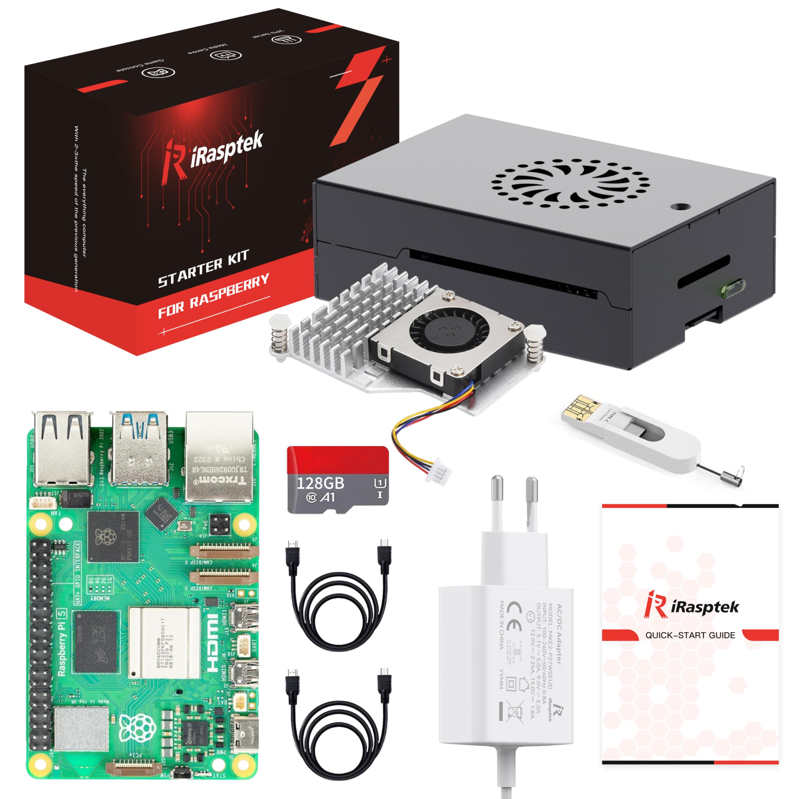 iRasptek Raspberry Pi 5 8GB RAM Starter Kit - Edizione OS-Bookworm da 128GB preinstallata(case in alluminio)