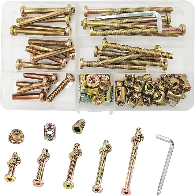 WeqeYent 61 Pcs Bolts Nuts Kit, M6 x 30/40/50/60/80mm Nuts Zinc Plated Hex Socket Head Cap Screws,Bolts Furniture,Barrel Nuts Assortment Kit
