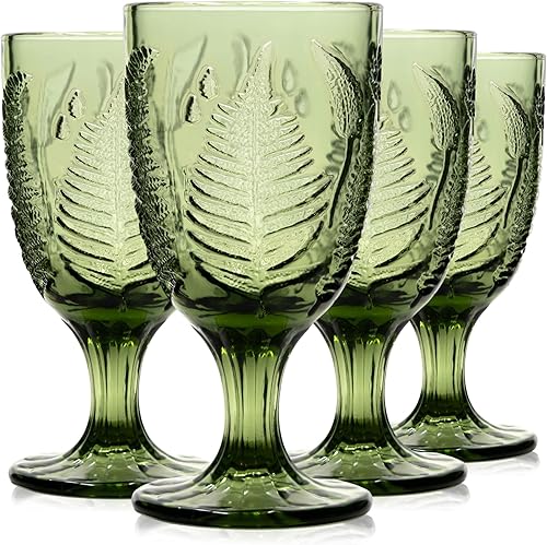 Juego de 4 copas de vidrio verde  Copas de vino decorativas vintage de 10 onzas, copas de vino de colores bonitas, juegos de vasos de agua