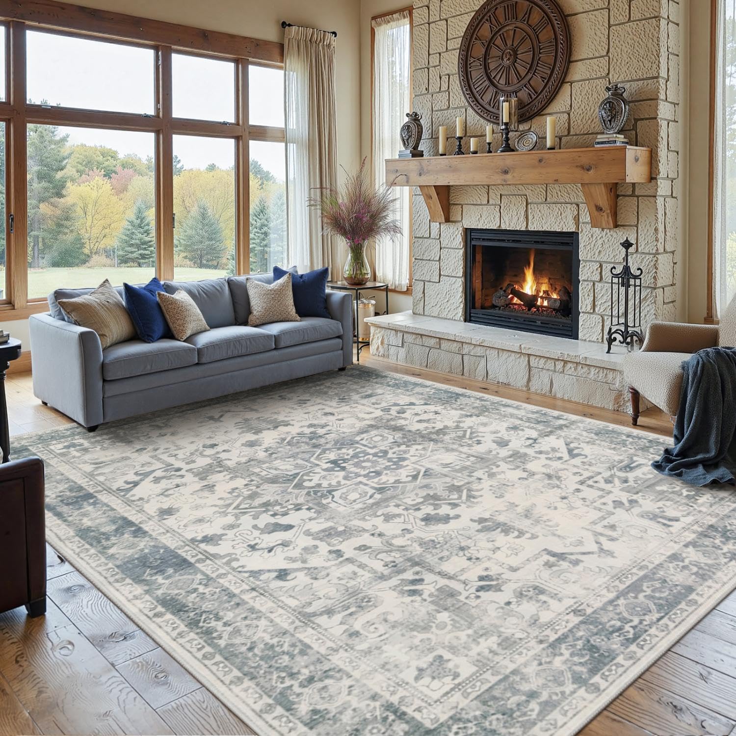 8x10 Washable Area Rug for Living Room, Extra Large Neutral Vintage Boho Rugs for Office, Kids Room, Farmhouse, Durable Low Pile Non Slip Carpet for High Traffic Areas, Light Blue Grey ( similar in stock)