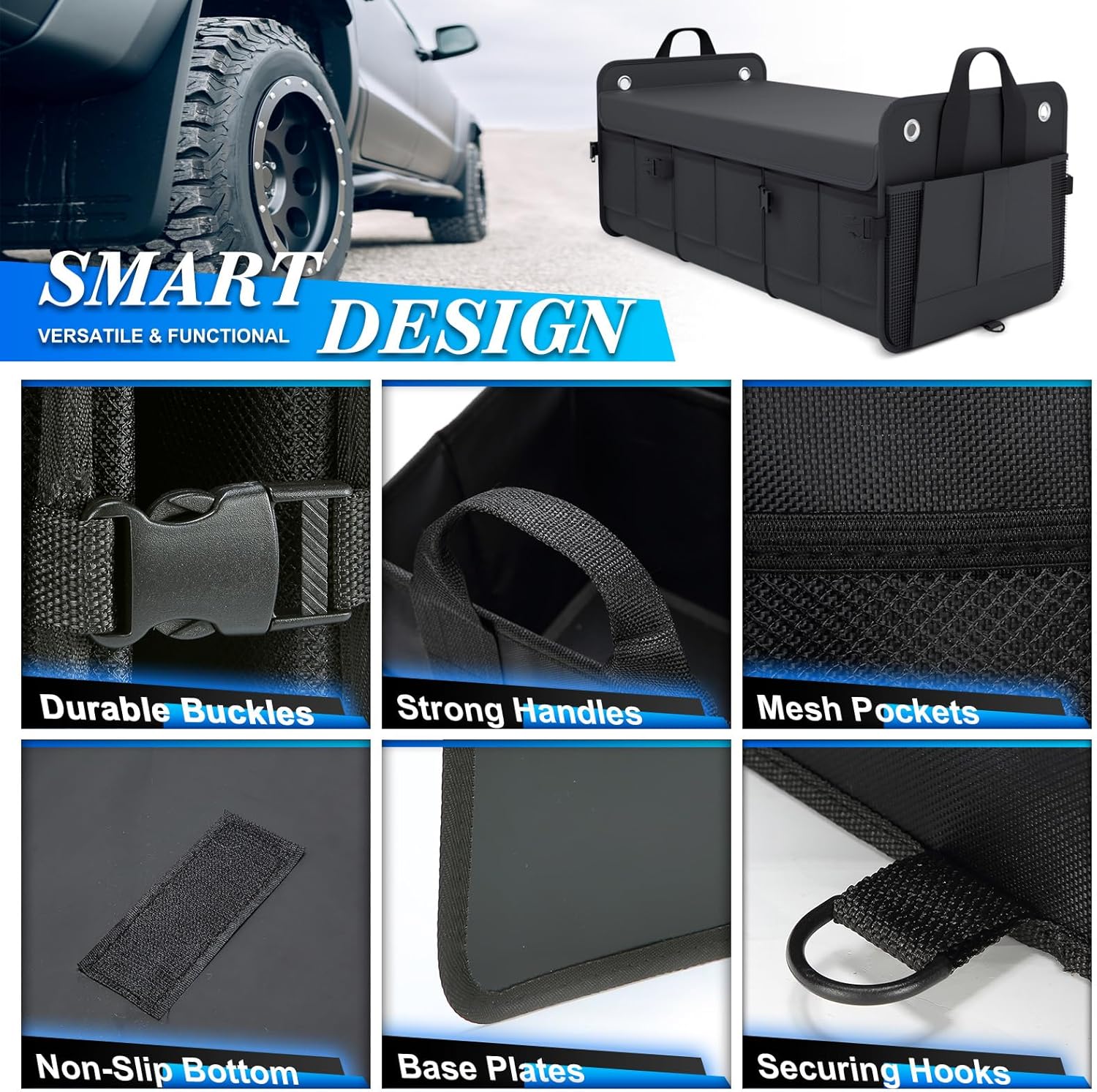 K KNODEL Car Trunk Organizer, Foldable Cover, Heavy Duty Collapsible Truck Storage Organizer, Car Cargo Trunk Organizer with Lid, 3 Compartments, with Straps (Black)