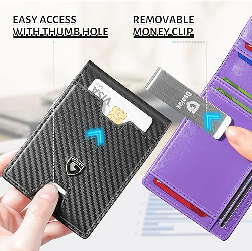Miniatura 5 de GSOIAX Billetera delgada para hombre con clip para dinero, bloqueo RFID, minimalista, de piel auténtica, de fibra de carbono, 11 ranuras para