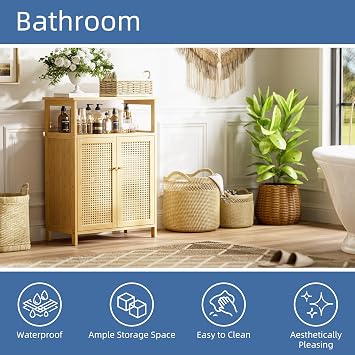 HITNET Rattan Bathroom Storage Cabinet, Bamboo Floor Cupboard with Doors, Freestanding Side Organizer for Living Room, Kitchen, Entryway, Natural