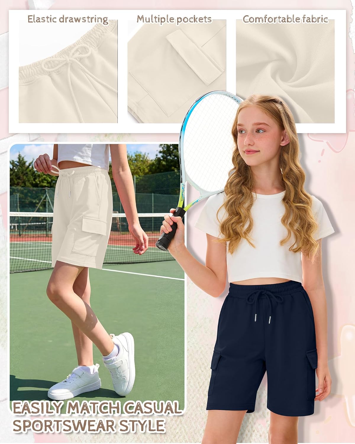 3 Pack Girls' Cargo Bermuda Shorts | Cargo Shorts, Knee Length, SweatShorts, Long Shorts, with 4 Pockets, Summer, Back to School, Clothes, 5-14 Years