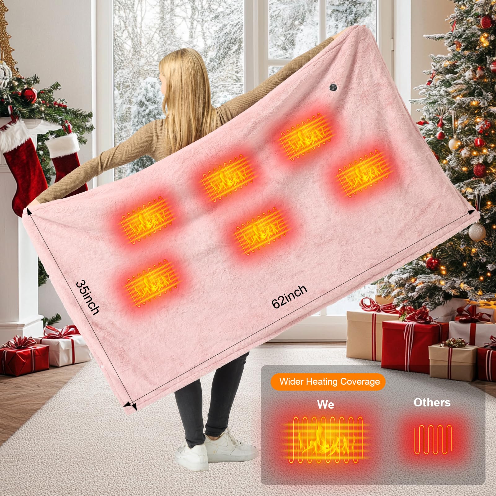 160x90cm Heizdecke Kabellos mit 16000mAh Akku, Waschbar Flanell Heizdecke zum Anziehen mit 6 Heizzonen und 3 Temperaturstufen, USB Elektrische Wärmedecke für Sofa, Büro, Reisen, Camping (Rosa)