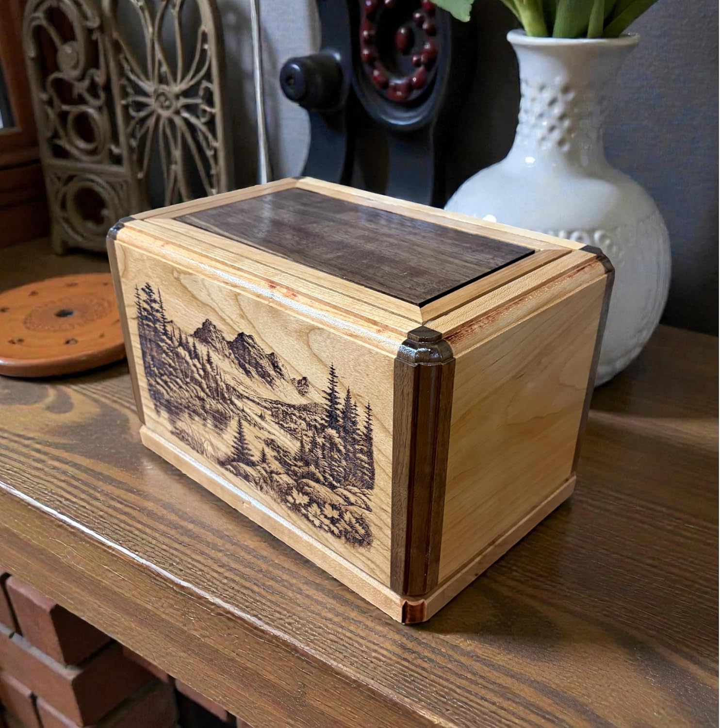 The Wooden Box Company Adult Cremation Urn - Handcrafted Mountain Scene Cherry & Walnut Wood Memorial Box