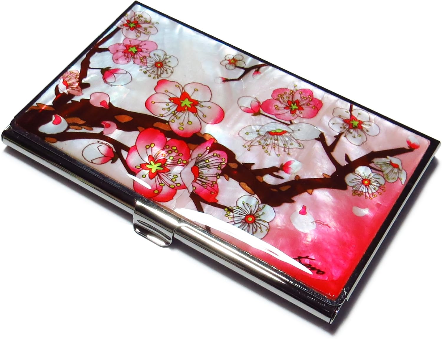 MADDesign Mother of Pearl Business Card Case Id Holder Metal Travel Wallet Apricot Tree Pink