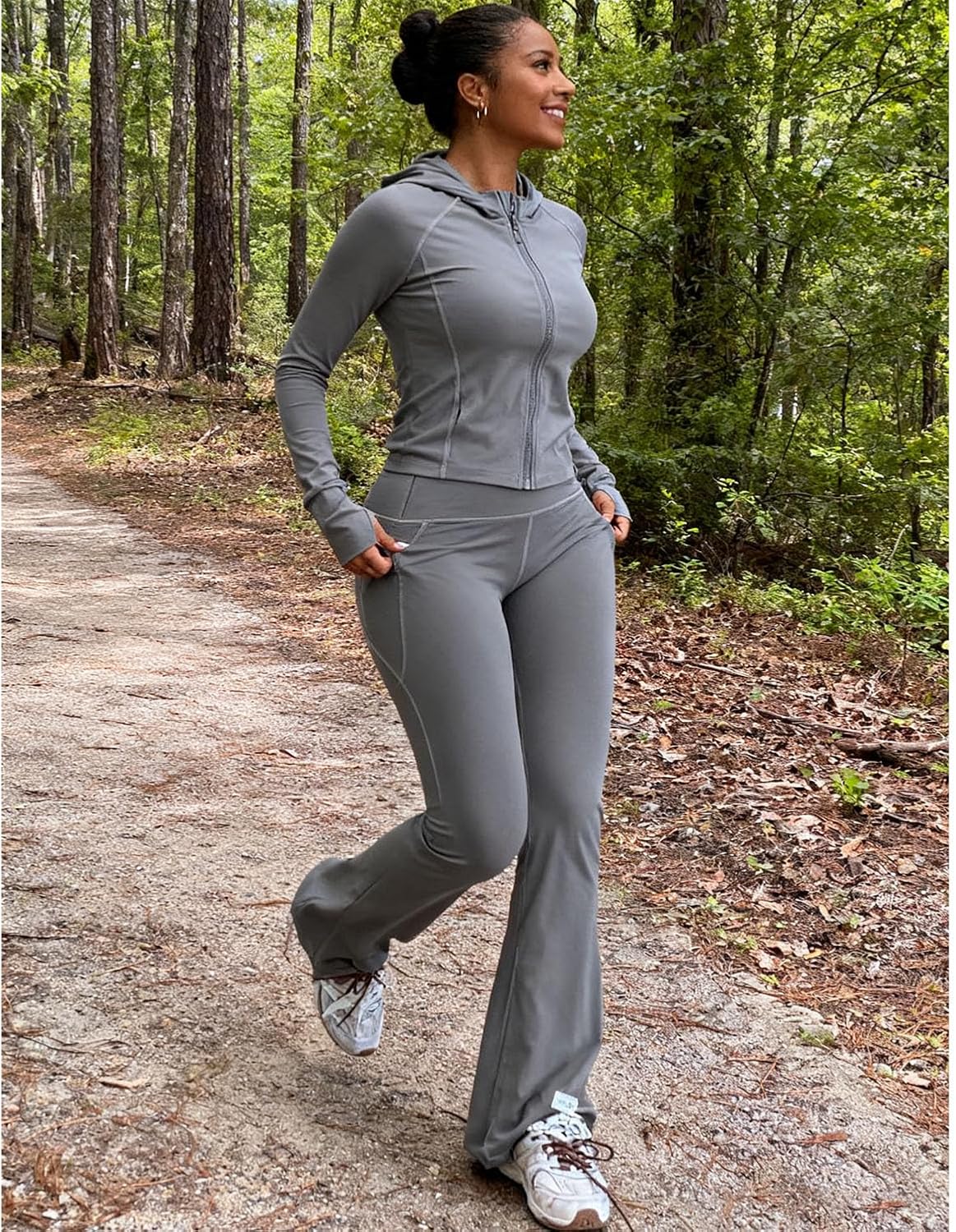 Women 2 Piece Workout Sets Long Sleeve Jacket Flare Long Yoga Pants Workout Sets Tracksuit With Pockets - Image 6
