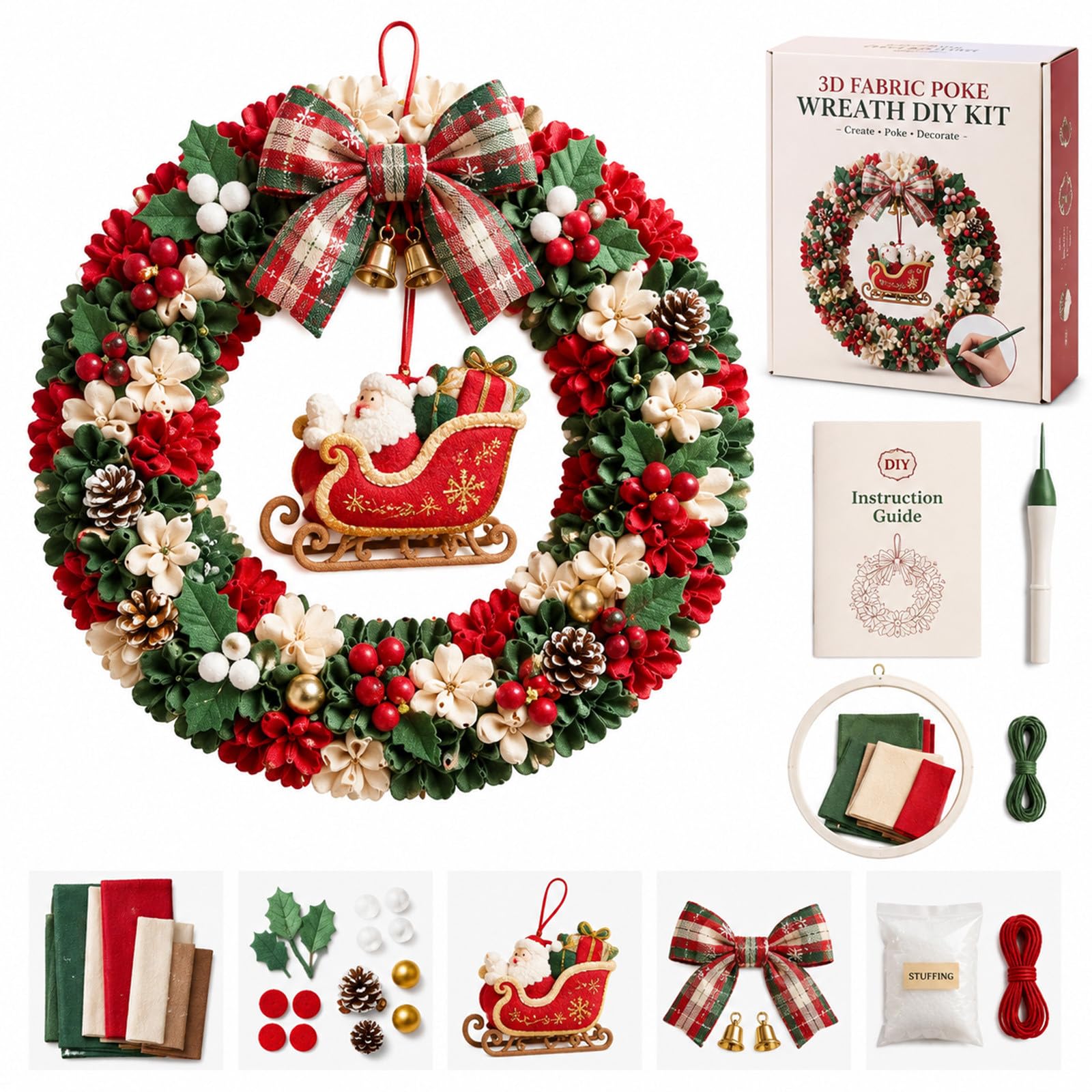 3D Fabric Poke Wreath DIY Kit - 3D Fabric Poke Art Kit Christmas Wreath (M)