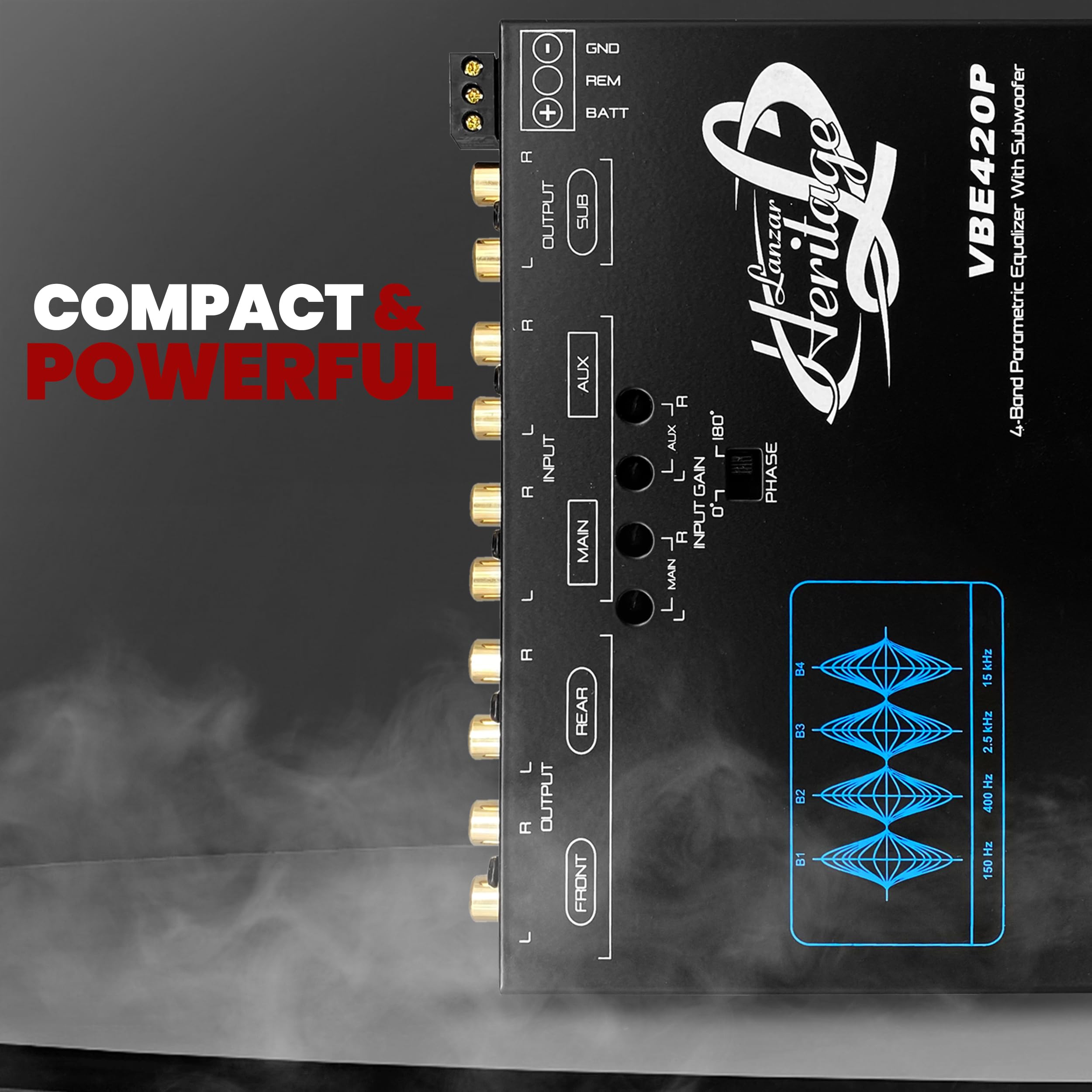 Lanzar Equalizzatore stereo a 4 bande - equalizzatore per auto a mezzo DIN con controllo del guadagno subwoofer, ingressi RCA, uscite pre-amplificatore, fader rotativo, selettore di ingresso AUX, luce