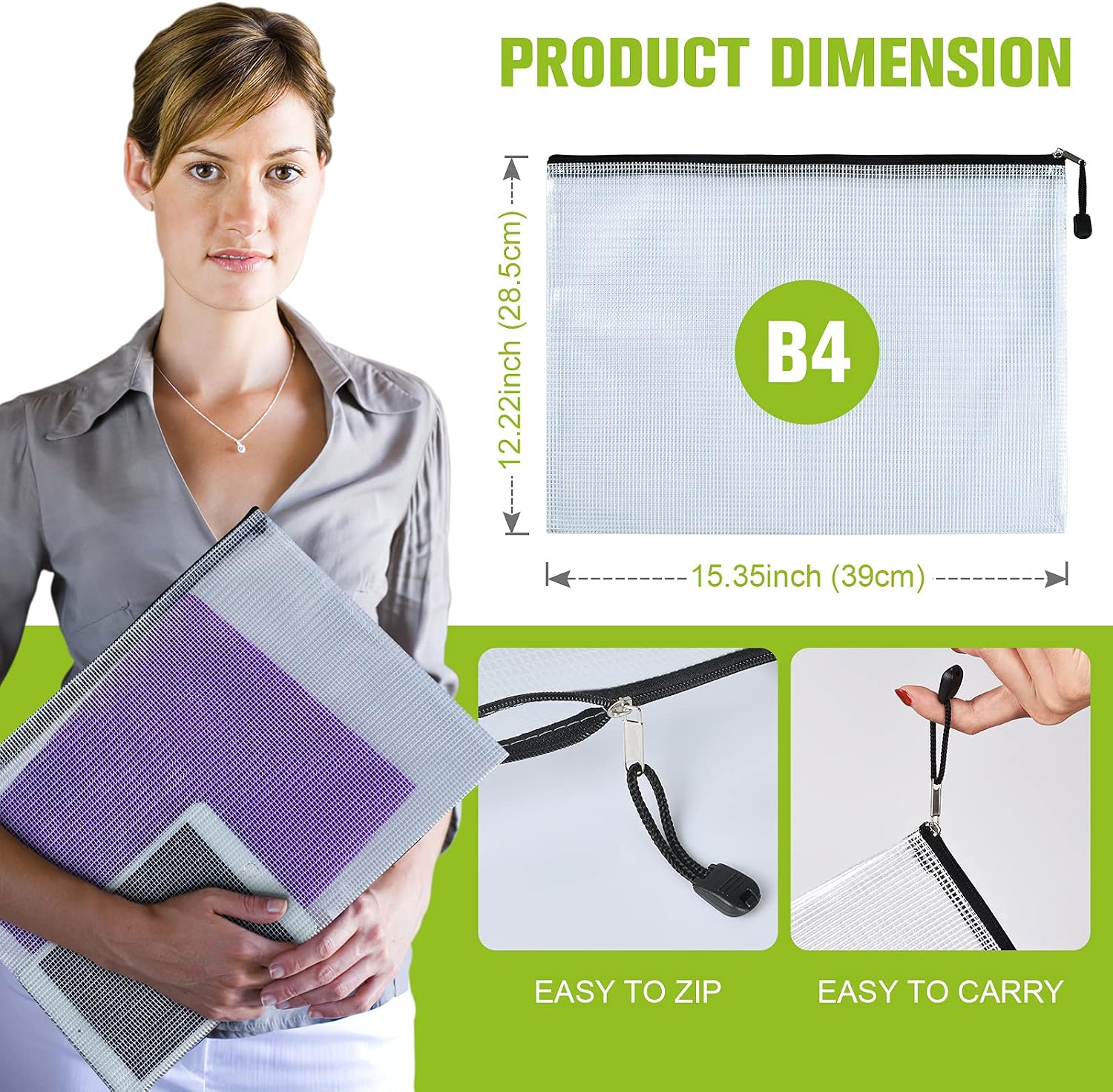Mesh Zipper Pouch, 6PCS Waterproof Plastic Mesh ZipperBag, B4 Size Tear-Resistant Document Pouch, Extra Large Zip File Bags, for School Office Supplies Home Travel Storage(15.35×11.22 Inch)