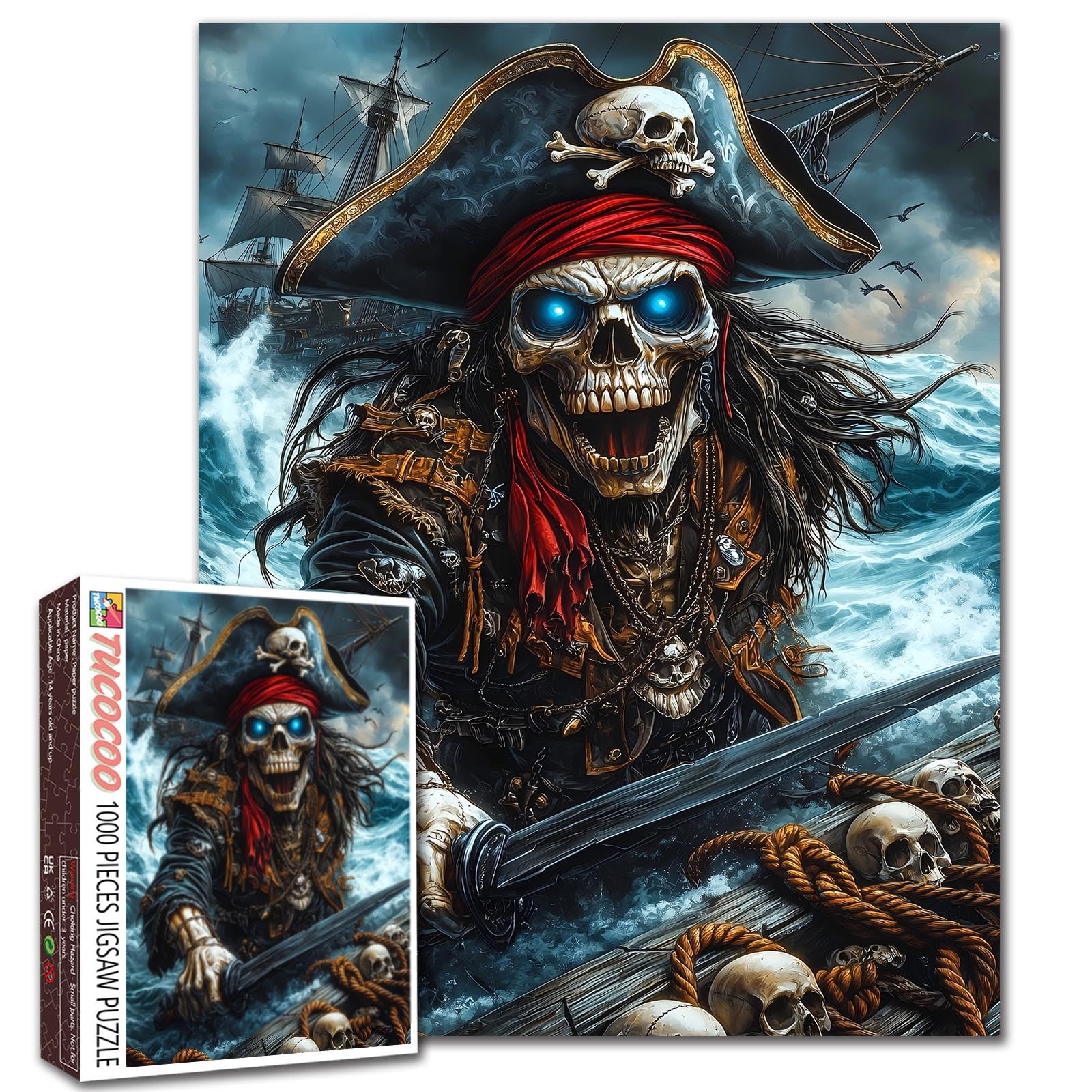 Aihonmin Skull Pirate Puzzles for Adults 1000 Pieces Pirates of The Caribbean Art Jigsaw Puzzles Captain Jigsaw Puzzle for Challenging Family Activity Game DIY Craft Puzzle Home Decor Gifts
