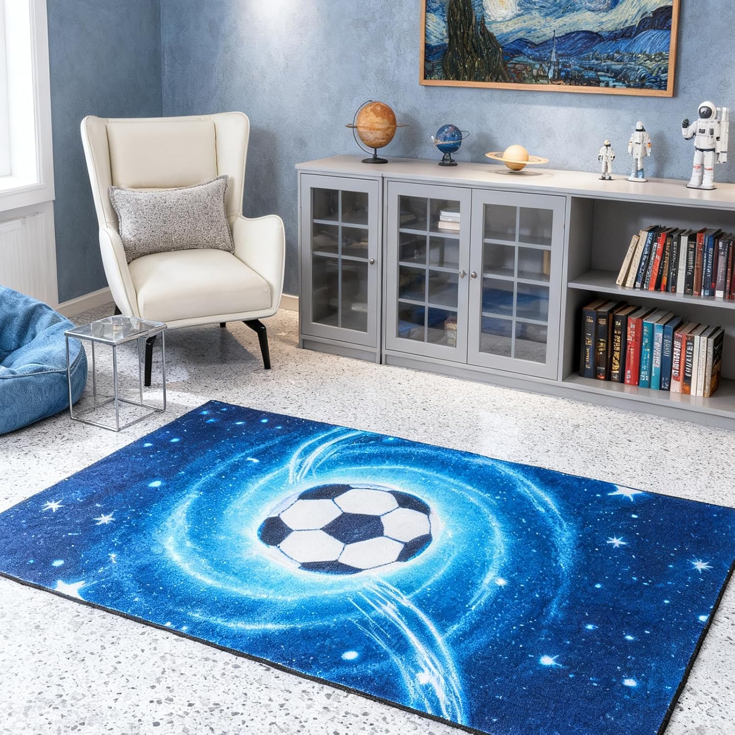 Soccer Rugs Sports Carpet 5'x7' Football Themed Play Mat for Kids Bedroom Living Room Playroom Soccer Room Decor
