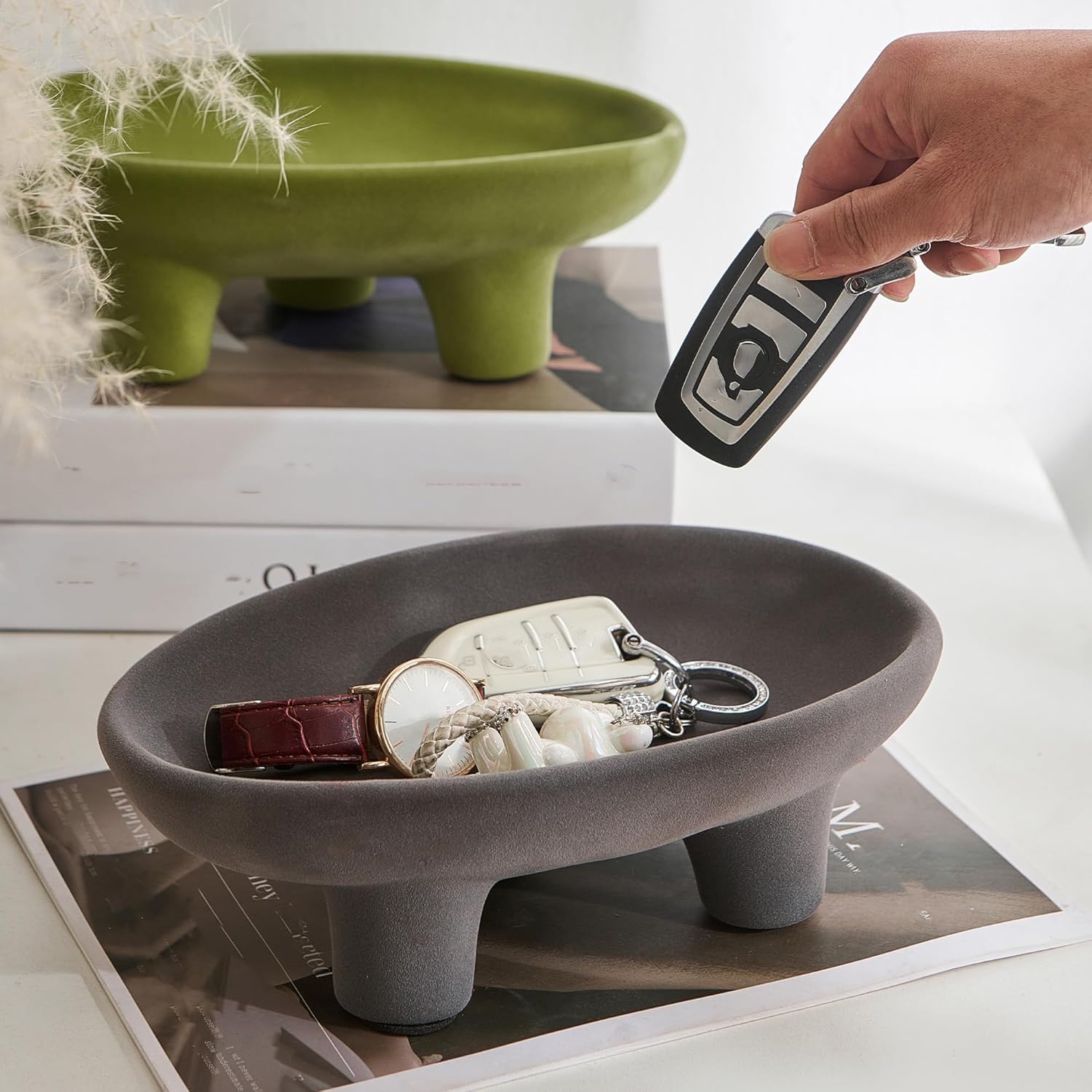 XINXUAN 2PCS Ceramic Rome Decorative Trays, Coffee Table, Table Decor, Entrance Tables,Office, Keychains, Candy Storage Decor (Green+Grey)