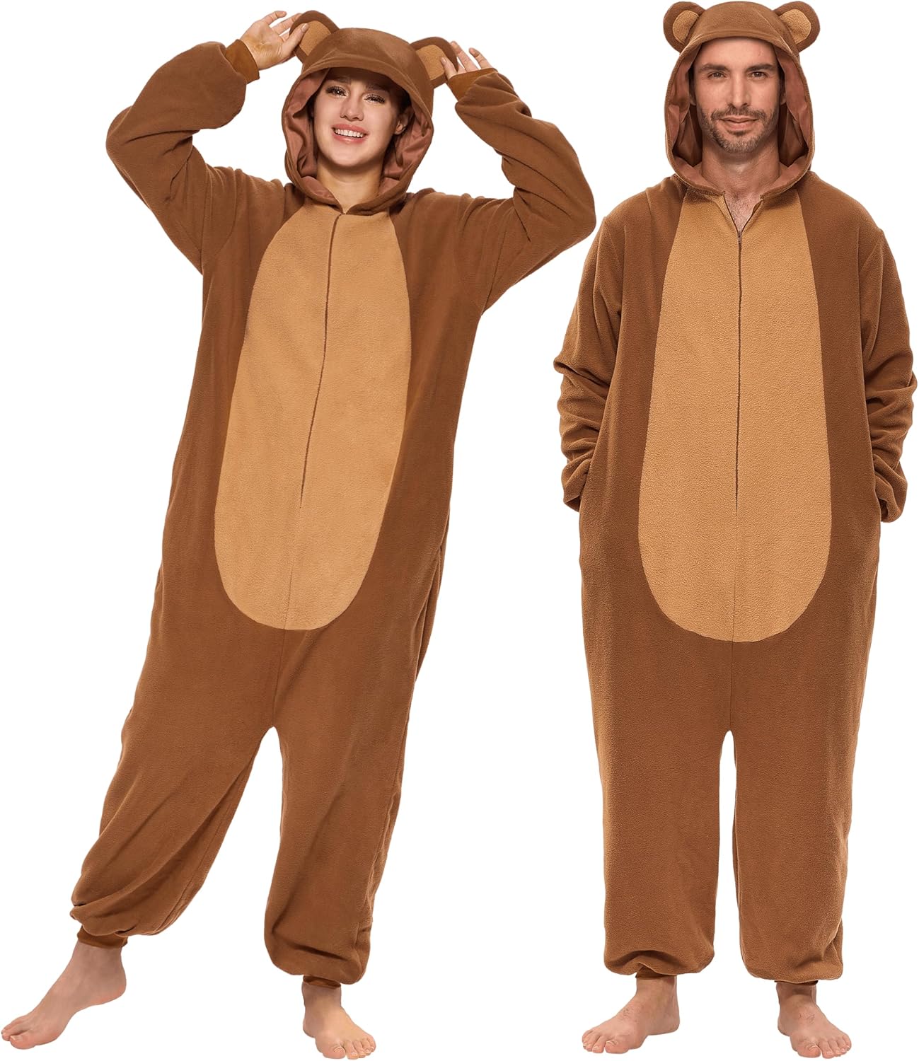 Spooktacular Creations Adult Unisex Costume,Simple Bear Hooded Jumpsuit Costume Zip-Up Hooded Sleepwear for Halloween Cosplay