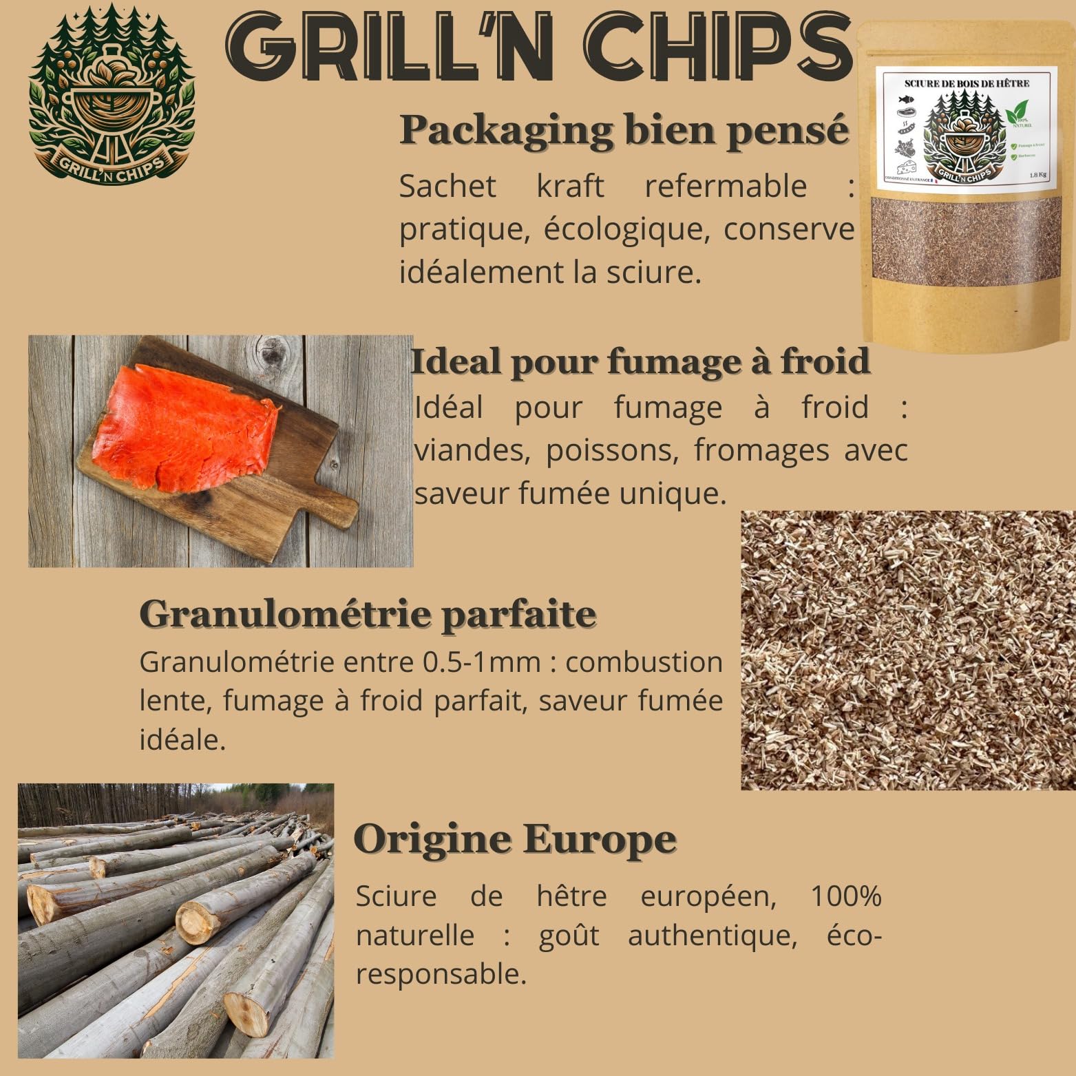 Grill'n Chips® Trociny bukowe do wędzarni 1,5 kg - drewno do wędzenia na zimno. | 100% naturalna. Idealny do ryb, mięsa, sera. Wielkość cząstek 0,5-1 mm. Wyprodukowano we Francji. Przewodnik PDF do pobrania