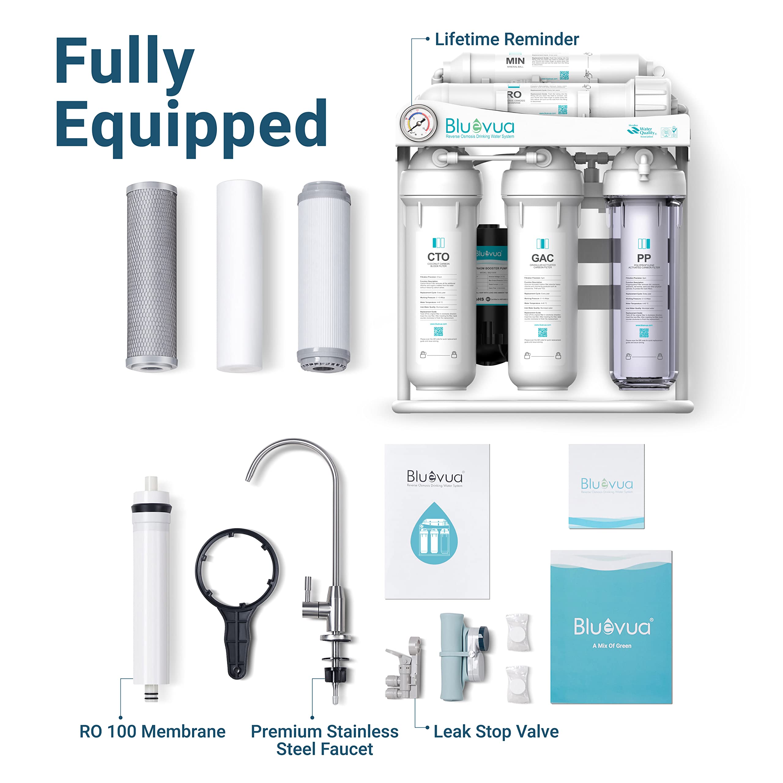 Bluevua RO100DS Under Sink Water Filter System, Reverse Osmosis, 6