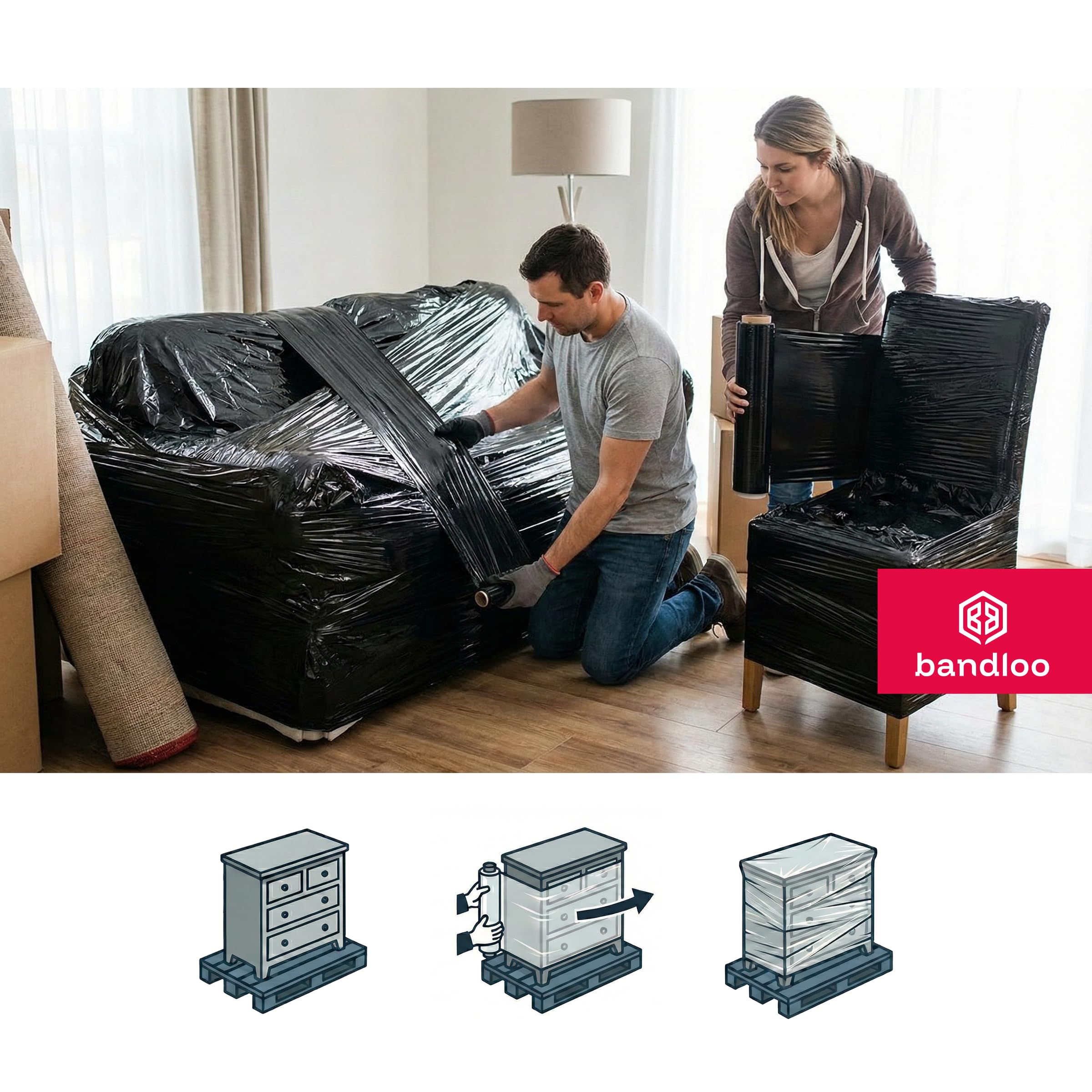 Stretchfolie Schwarz Folie zum Verpacken Möbelfolie Blickdichte Wickelfolie & Verpackungsfolie für Lager Versand und Umzug Strechfolienrolle Palettenfolie 6 Rollen Handstretchfolie 50cm 2,5kg