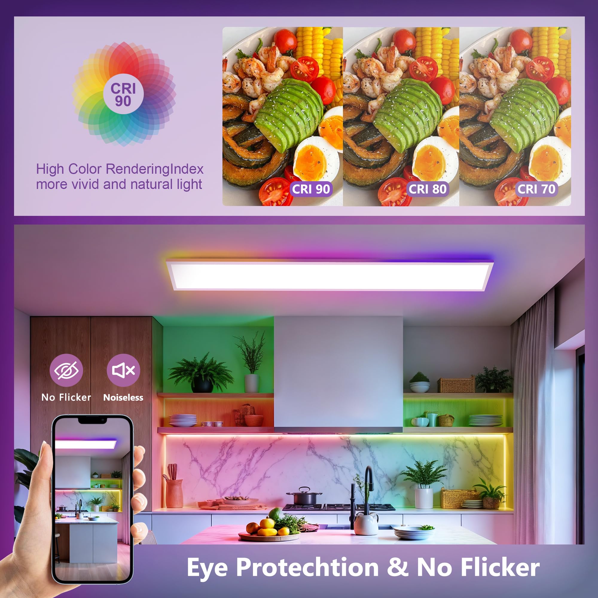 YindaLux 1x LED Panel 120x30 cm Deckenleuchte 40W mit RGB-Backlight Weiß | 4000lm, dimmbar, 2700–6500K, Fernbedienung, Nachtlicht, Speicherfunktion, Hauptlicht und Backlight separat steuerbar