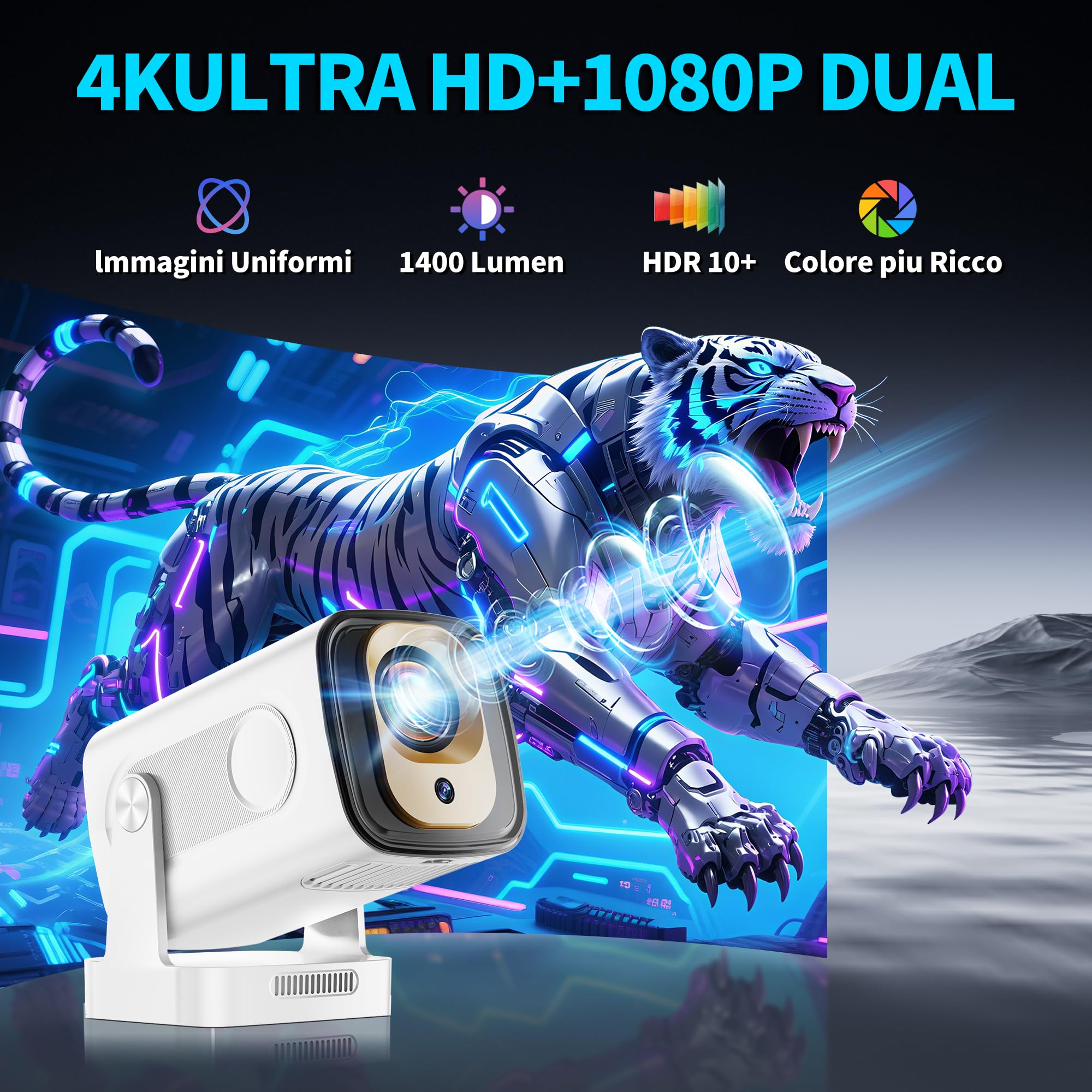 [App integrata] Mini Proiettore 1080P FHD, 2025 Proiettore 4K Supporta Proiettore Portatile WiFi 6 Bluetooth 5.4 Auto Keystone, HDMI/Phone/USB/TV Stick/Laptop, con Cavo HDMI & Mouse Bianco