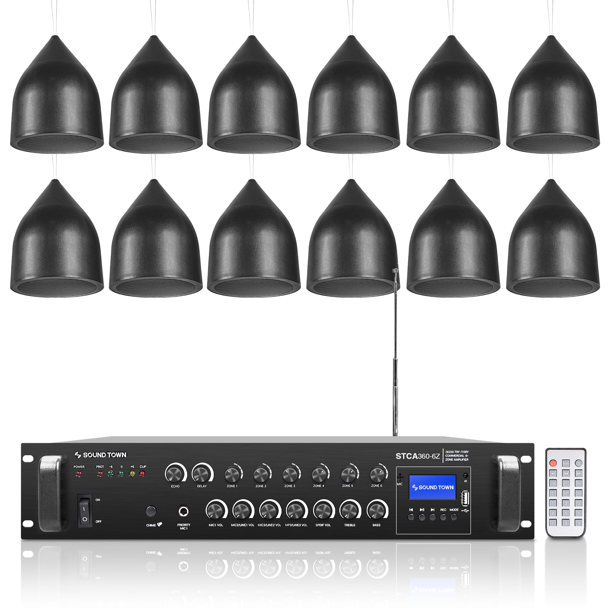 Sound Town Commercial Restaurant Bluetooth Amplifier + Pendant Speaker Set, with One 6-Zone 70V/100V Amplifier with Bluetooth, 12 x Weather-Resistant 6.5-Inch Pendant Speakers, Black (STCA360X12PD6B)
