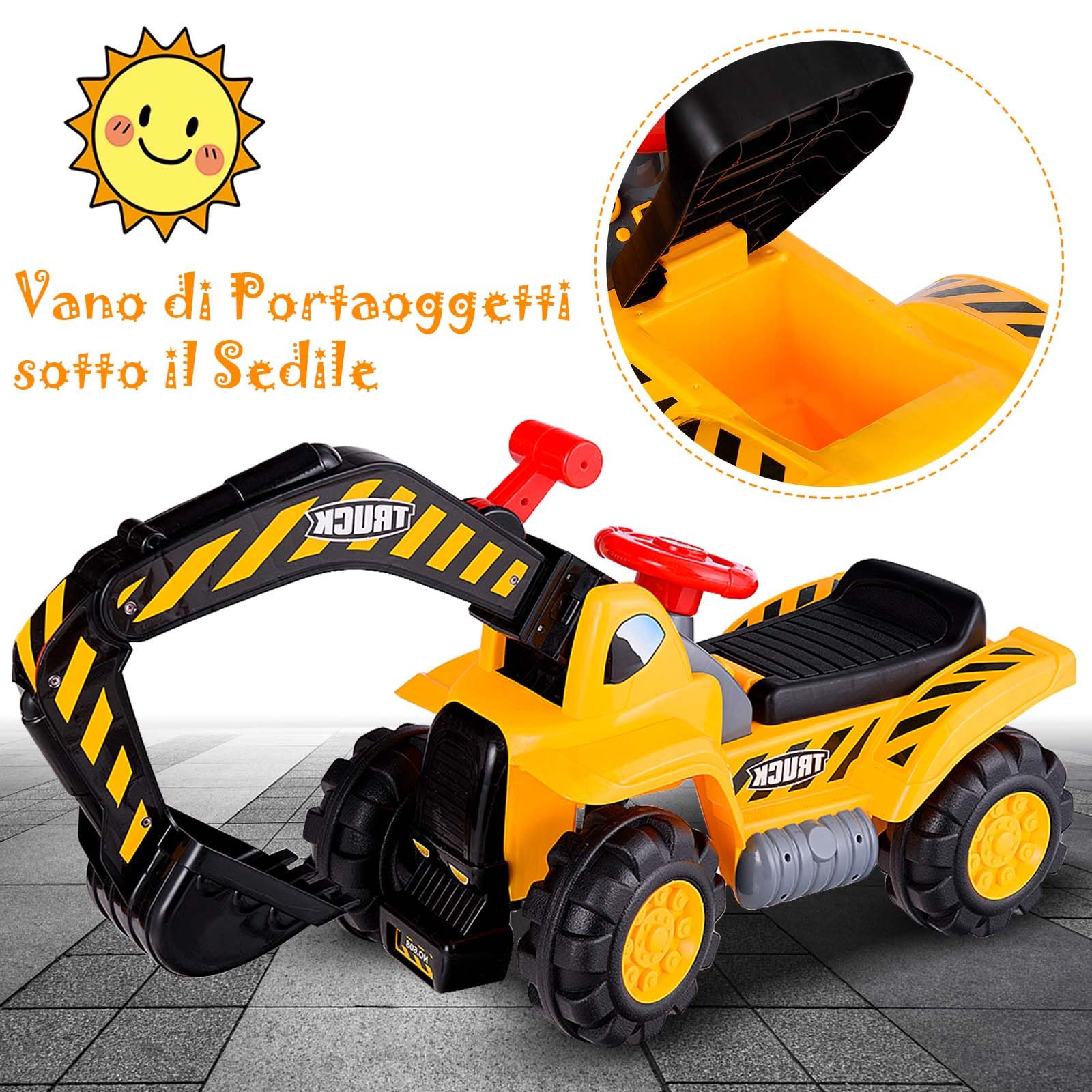 LIFEZEAL Escavatore Elettrico, Ruspa Cavalcabile, Scavatrice Cingolata per Bambini 3+ Anni, Spazio di Stoccaggio, Effetto di Suoni, con Pietra e Casco, Antiribaltamento, Peso Max 25 kg, 89x45x30 cm