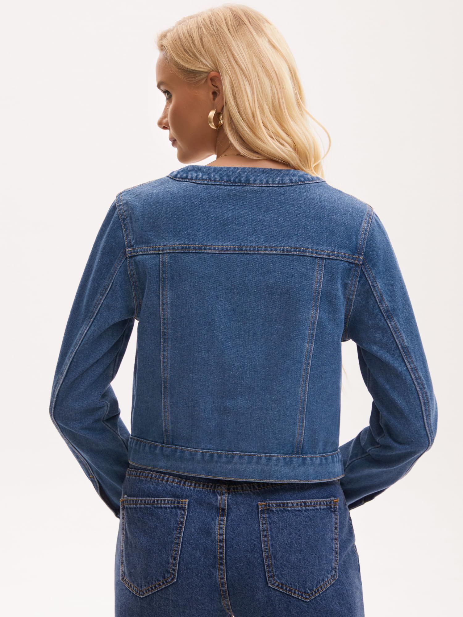 Veste en Jean Femme sans Col et Manches Longues Blouson en Denim à Fermeture Boutonnée Style Vintage
