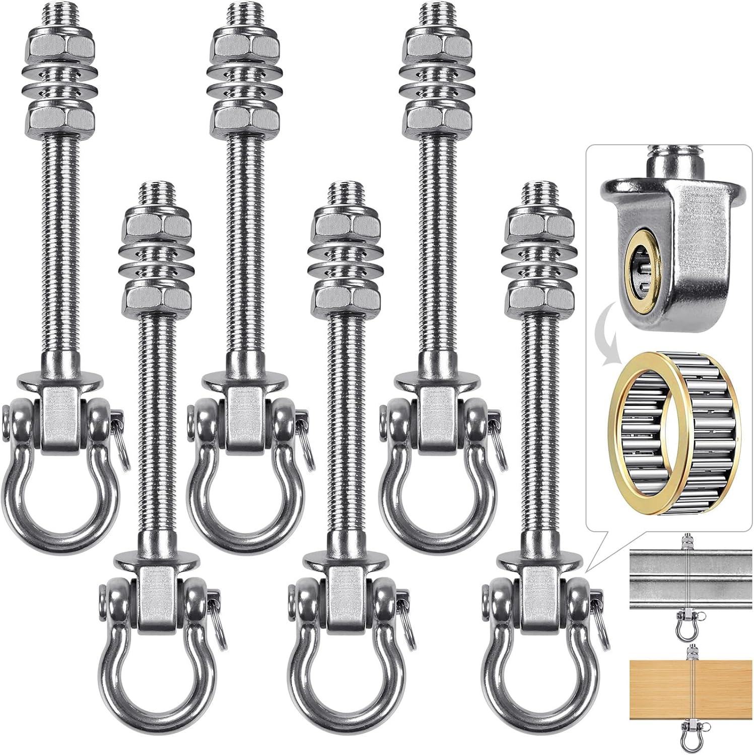 6Pcs Heavy Duty Swing Hangers with Bearings Swing Hooks for Wood & Metal Beams Stainless Steel Swing Hardware Bolts for Hanging Swings Chair Hammock Aerial Yoga Porch Swing 5" X M2/5", 1500LB Capacity