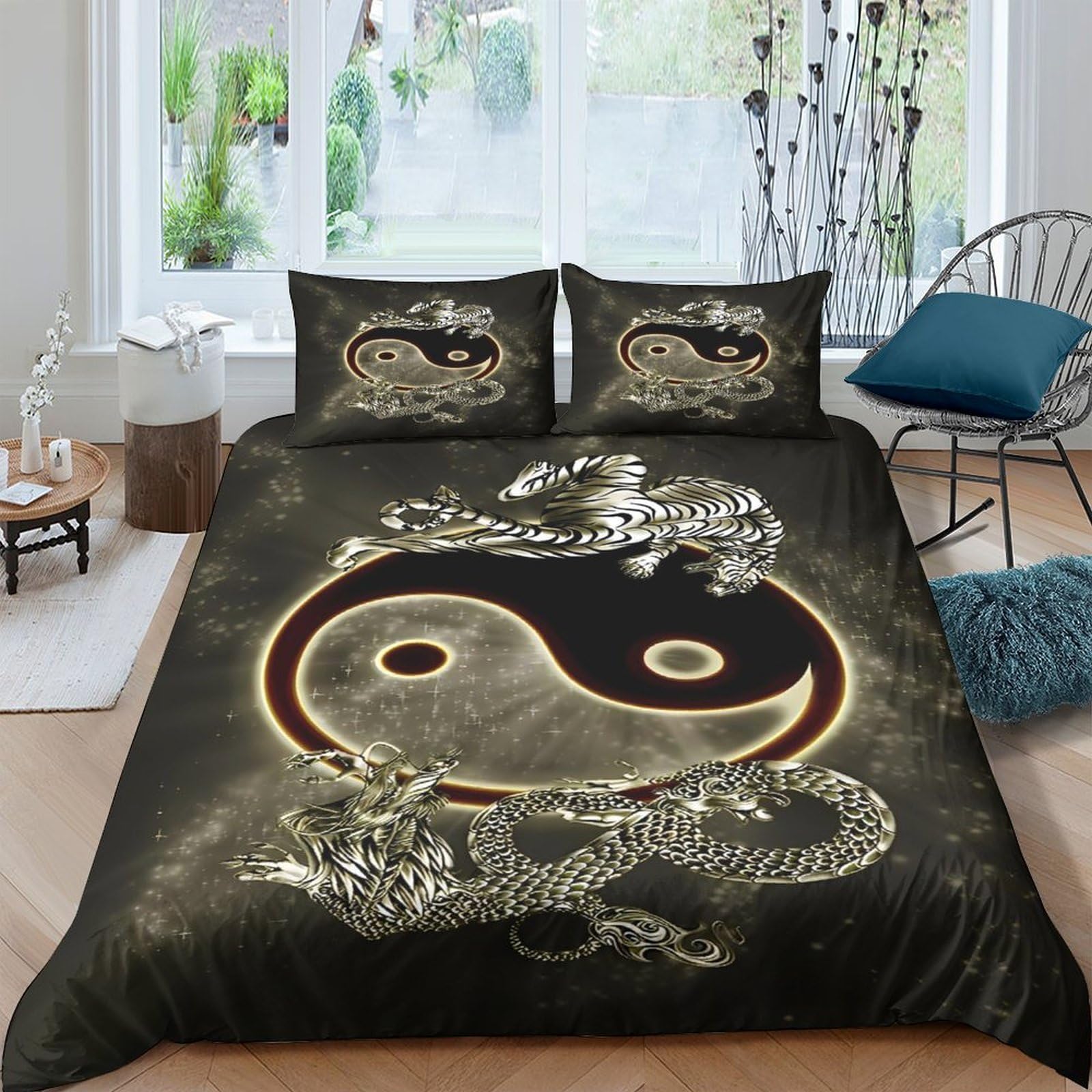 Ctjqhvkz Style-7 3D Printed Yin Yang Dragon Fitted Sheet Microfiber Black Gold Bed Cover Decorative Bedroom Mattress Protector Single（135X200cm）