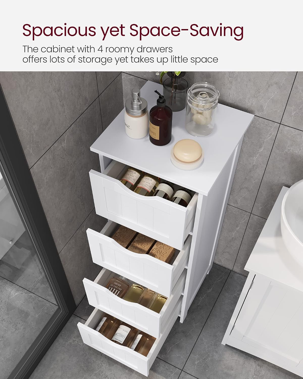 VASAGLE Bathroom Floor Storage Cabinet, Bathroom Storage with 4 Drawers, Bathroom Cabinet Freestanding, 30 x 30 x 82 cm, Modern Style, White LHC40W