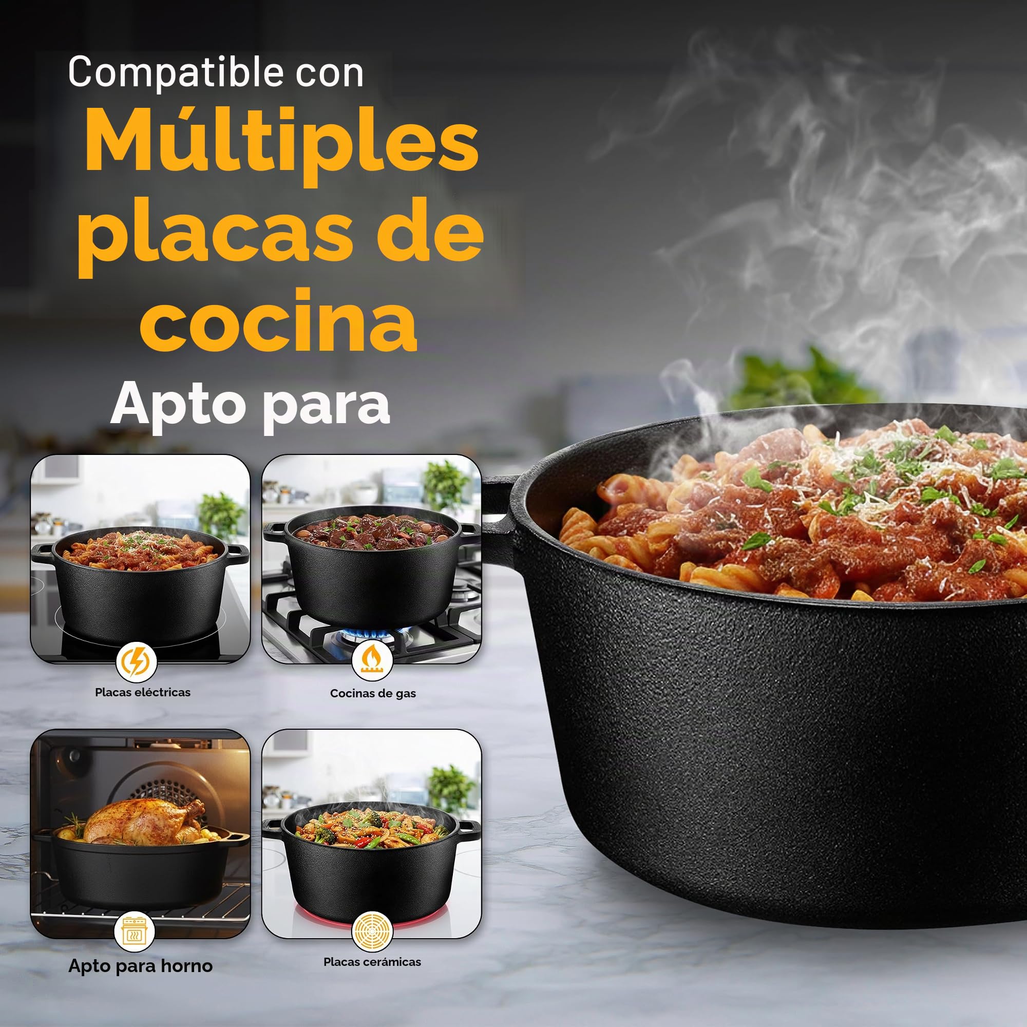 KICHLY 2 en 1 Olla De Hierro Fundido Pre-Sazonada Con Tapa Para Asar - Cocinar Al Horno, Freír, Asar, Guisar, Dorar Y Parrilla - Cocina De Interior Y Exterior