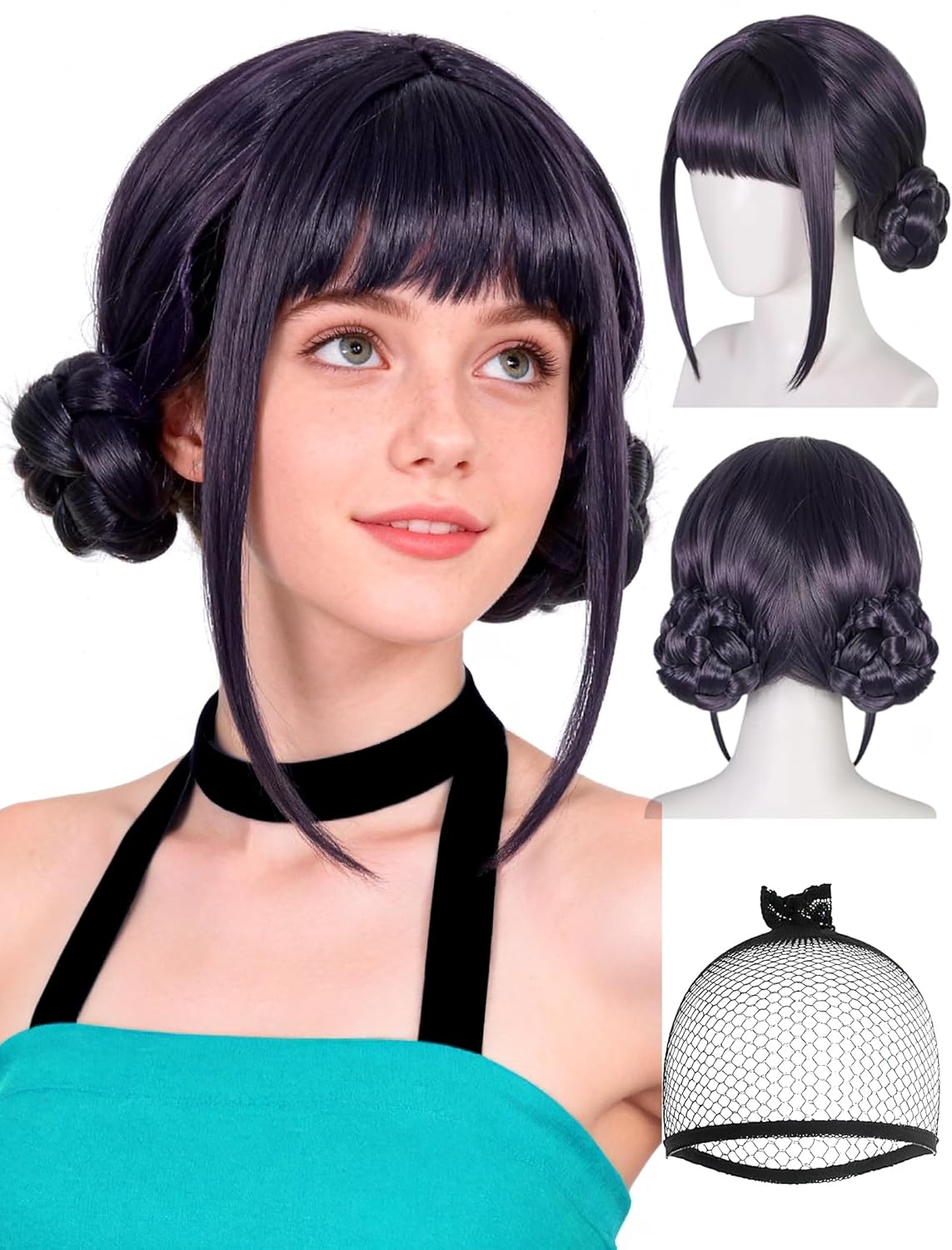 Wig Cap + Dark Purple Wigs with Braided Buns for Women Short Black Purple Costume Wigs with Bangs for Cosplay 2 Braid Buns Cosplay Wigs for Halloween Party Costume Anime Outfit