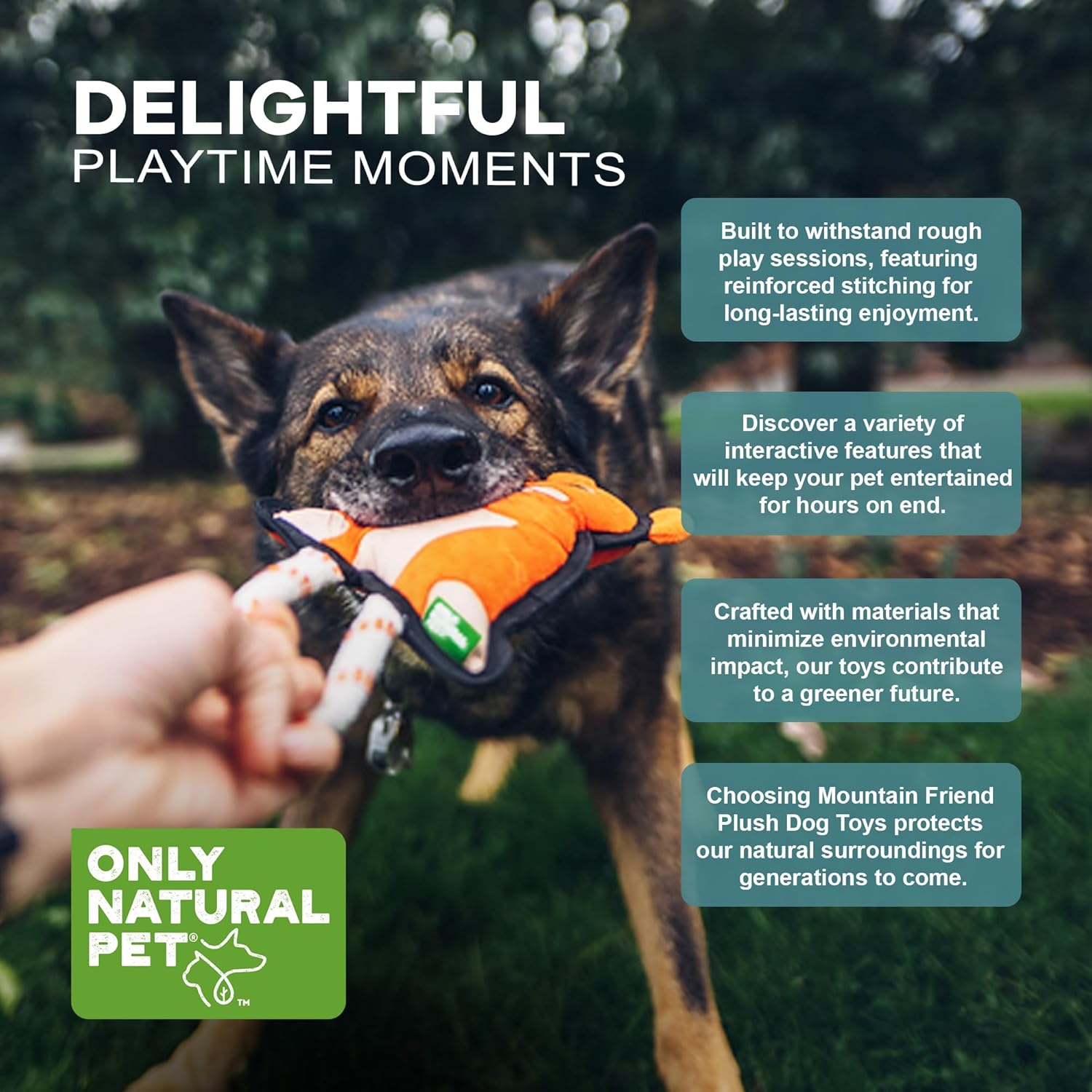 Only Natural Pet Mountain Friends Recycled Plush Dog Toys - Durable Double-Stitched Design with Internal Squeaker & Rope Tug Tail - Stuffed Toy for Dogs, Pet Toy | Beckham The Beaver, 5.5" x 11"