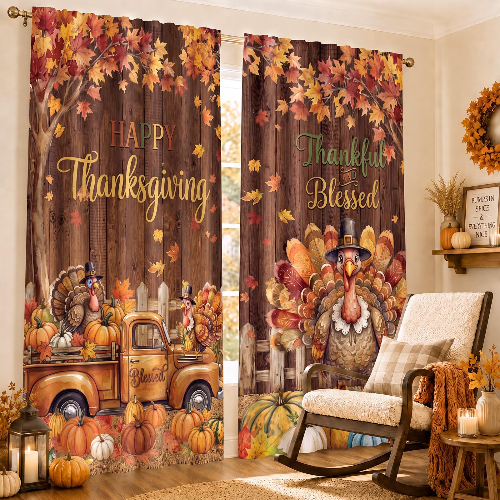 SmoothNovelty 2 Pcs Thanksgiving Curtains for Living Room Turkey Pumpkin
