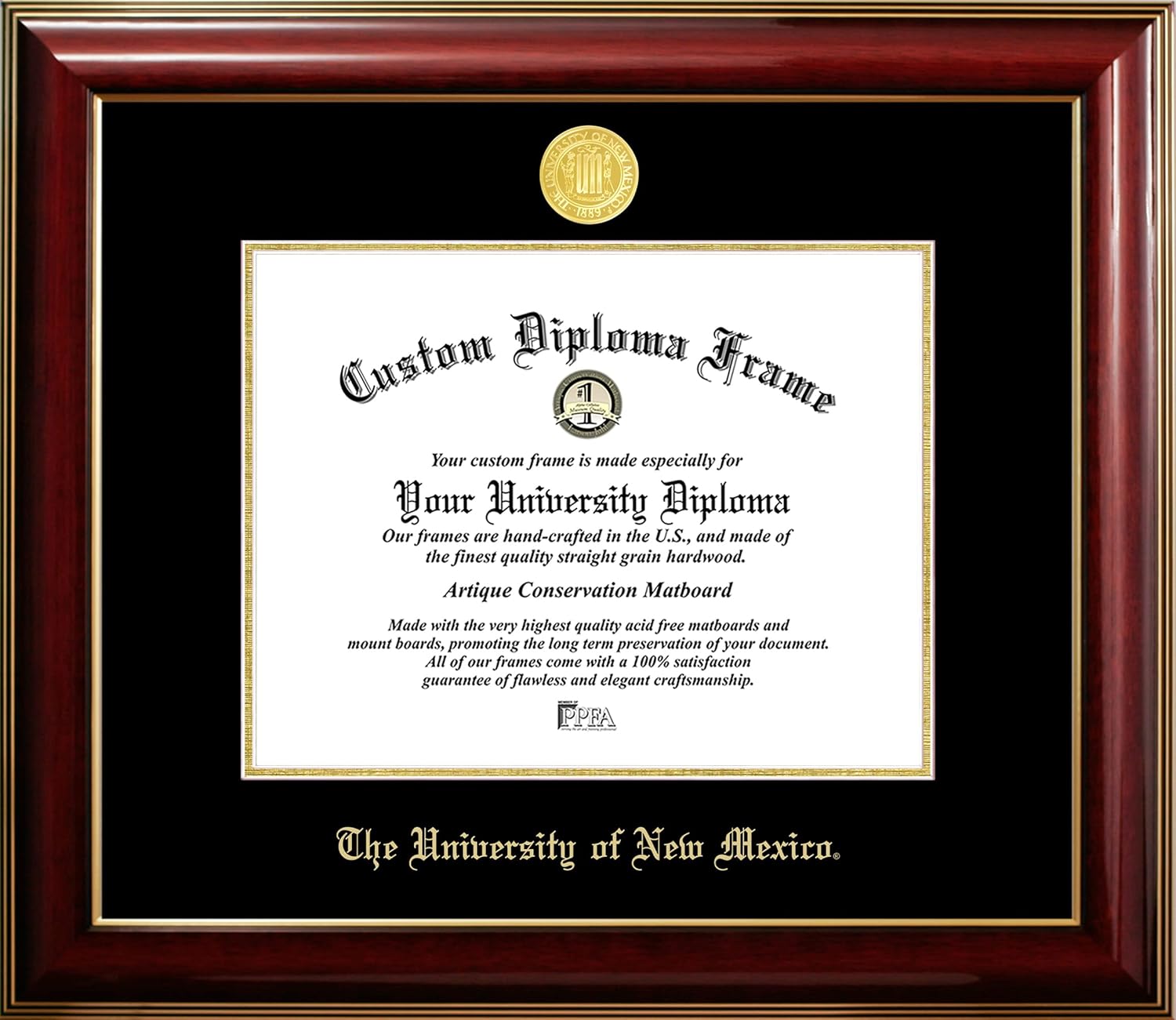 Campus Images University of New Mexico Diploma Frame – 8.5 x 11 Classic Mahogany with Gold Trim, Medallion, Black & Gold Matting