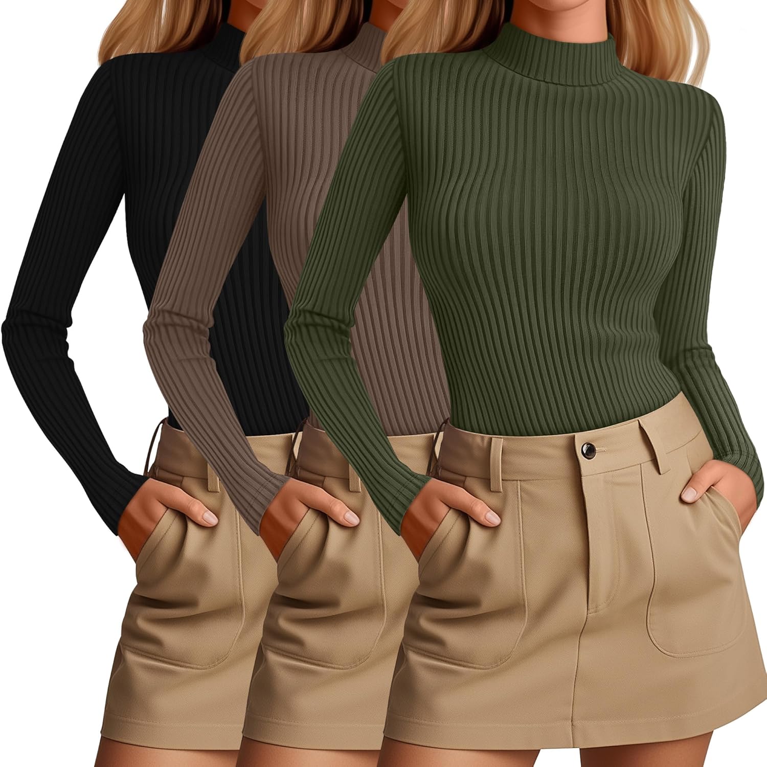 3 Pack Women's Mock Neck Cotton Tops Long Sleeve Ribbed Knit Turtleneck Shirts Thermal Slim Fitted Casual Base Layer