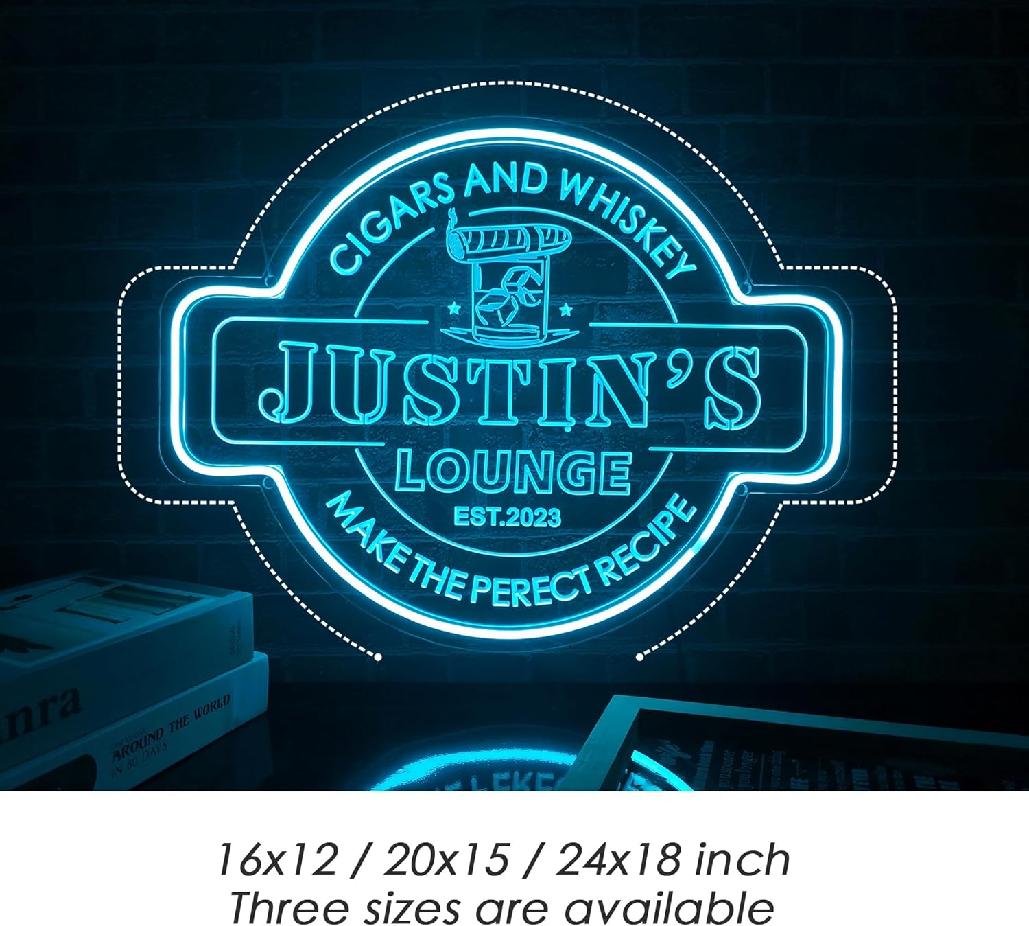 Custom Cigar and Whiskey Neon Bar Signs, Personalized Name Pub Whiskey Cigar Bar Drinks Neon Lights, Cigar Smoking Light Up Sign for Home Bar Man Cave Pub Decor