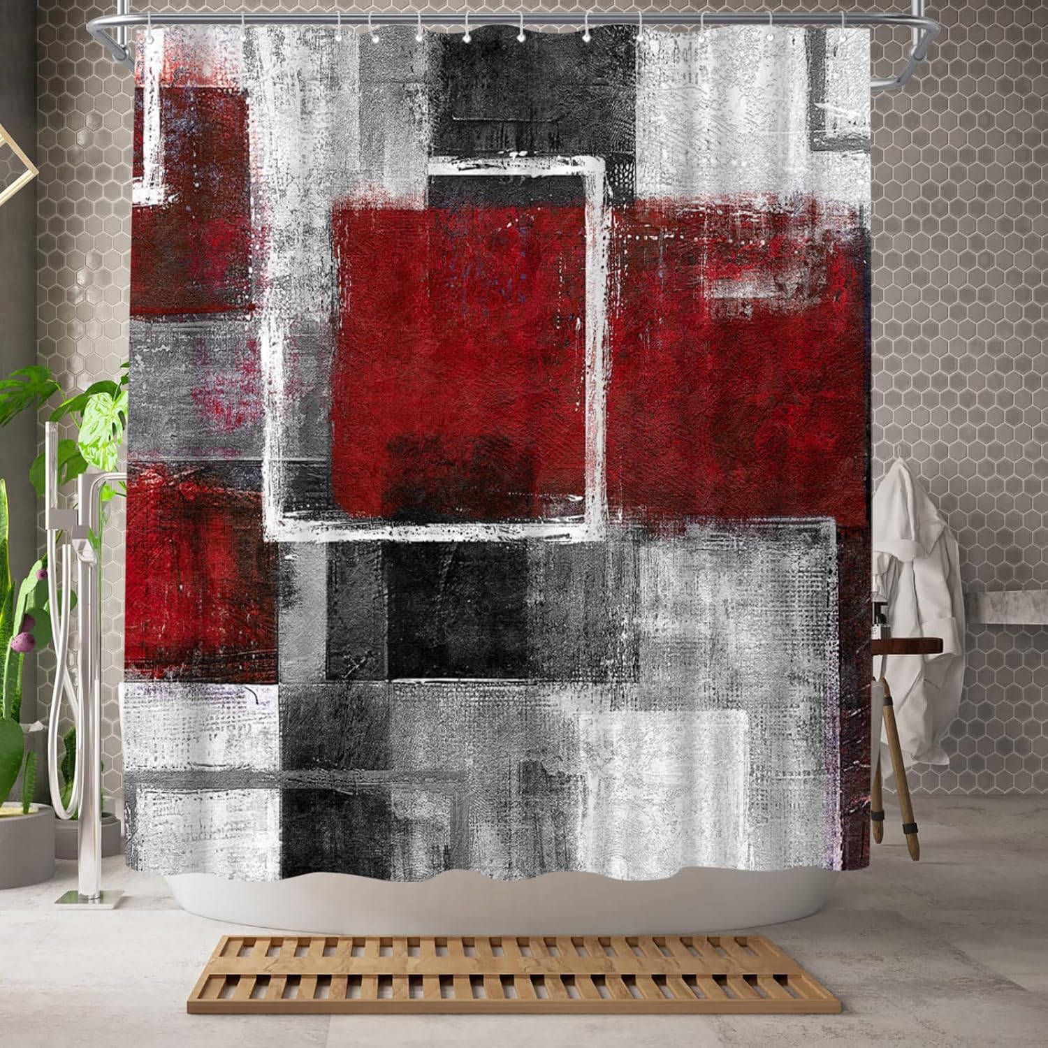 WELMECO Abstract Red Shower Curtain Geometric Shower Curtain Bathroom Decor Polyester Fabric 72x72inch (Red)