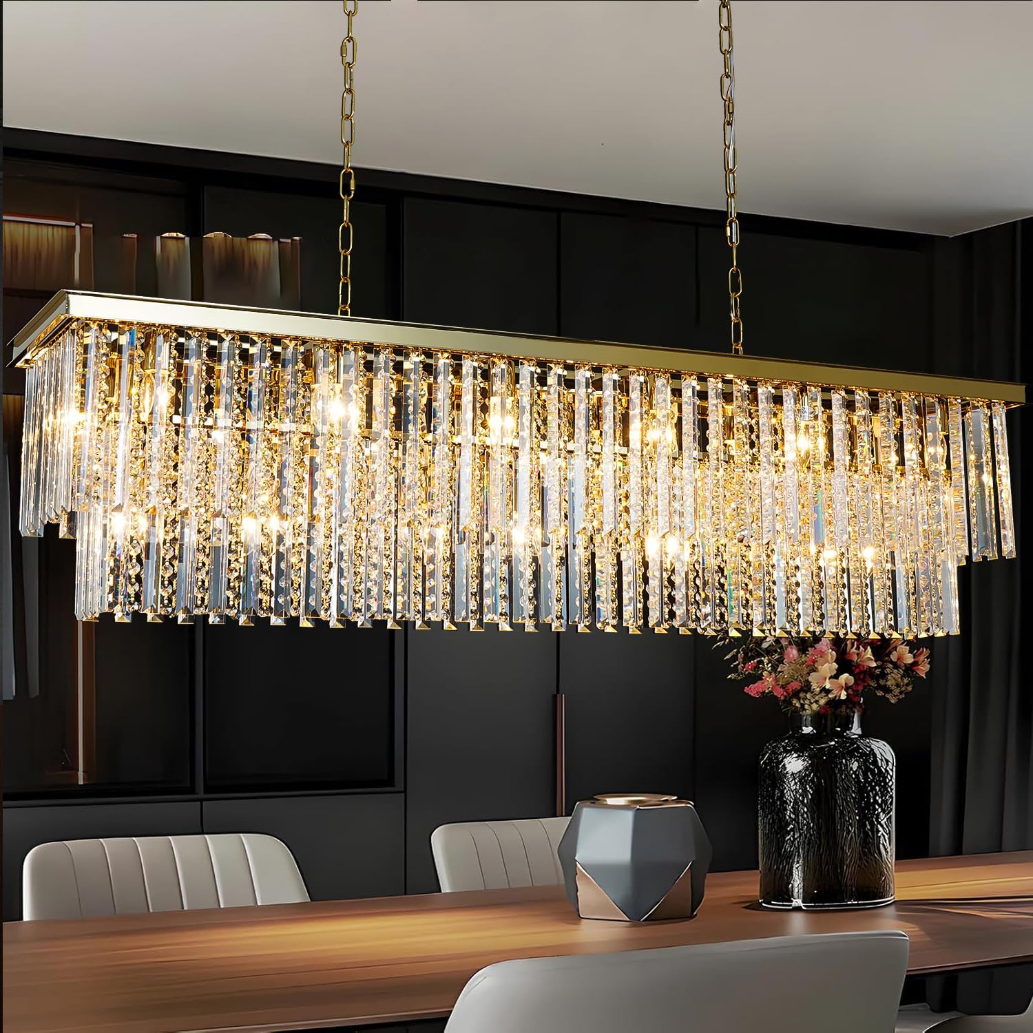 Luxury 55" Rectangular Gold Crystal Chandelier – 21-Light Large Dining Room Chandelier, Double Layer Hanging Crystal, Modern Glam Kitchen Island Light Fixture