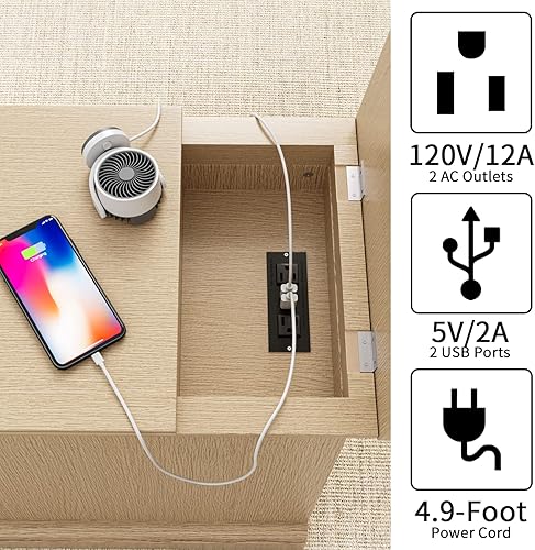 Miniatura 6 de JUMMICO Mesa auxiliar con cajón puertos USB y tomas de corriente mesa auxiliar con estación de carga mesita de noche estrecha con estante para