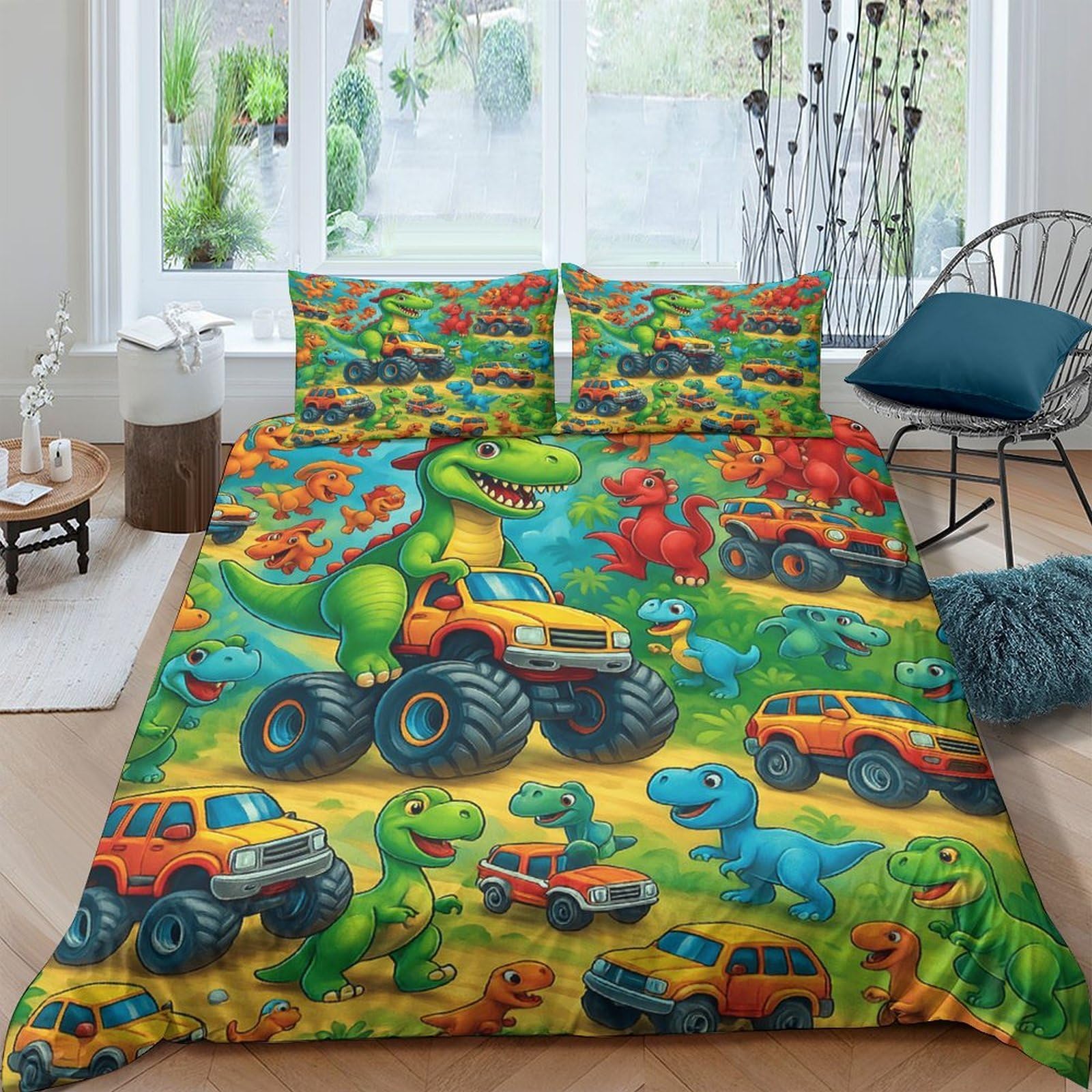 Ctjqhvkz Style-2 3D Printed Dinosaur Monster Truck Fitted Sheet Microfiber Soft Anti-Slip Bed Cover For Bedroom Guestroom Decor Single（135X200cm）