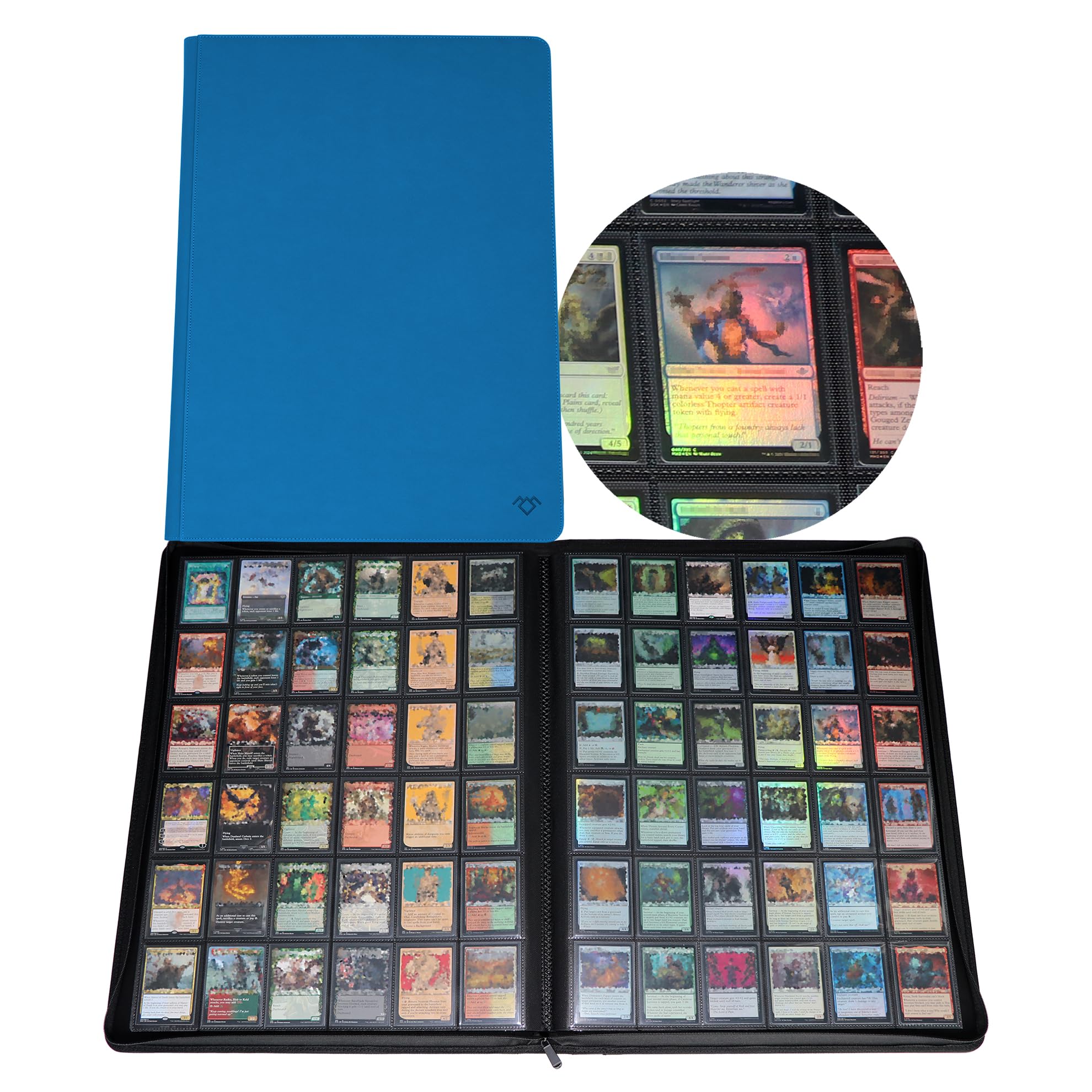 Grin Owl 36‑Pocket Ringless Trading Card Binder – Holds 2304 Cards, Side‑Loading Black Pages, Zipper Collection Album for TCG & Sports Cards (Blue)